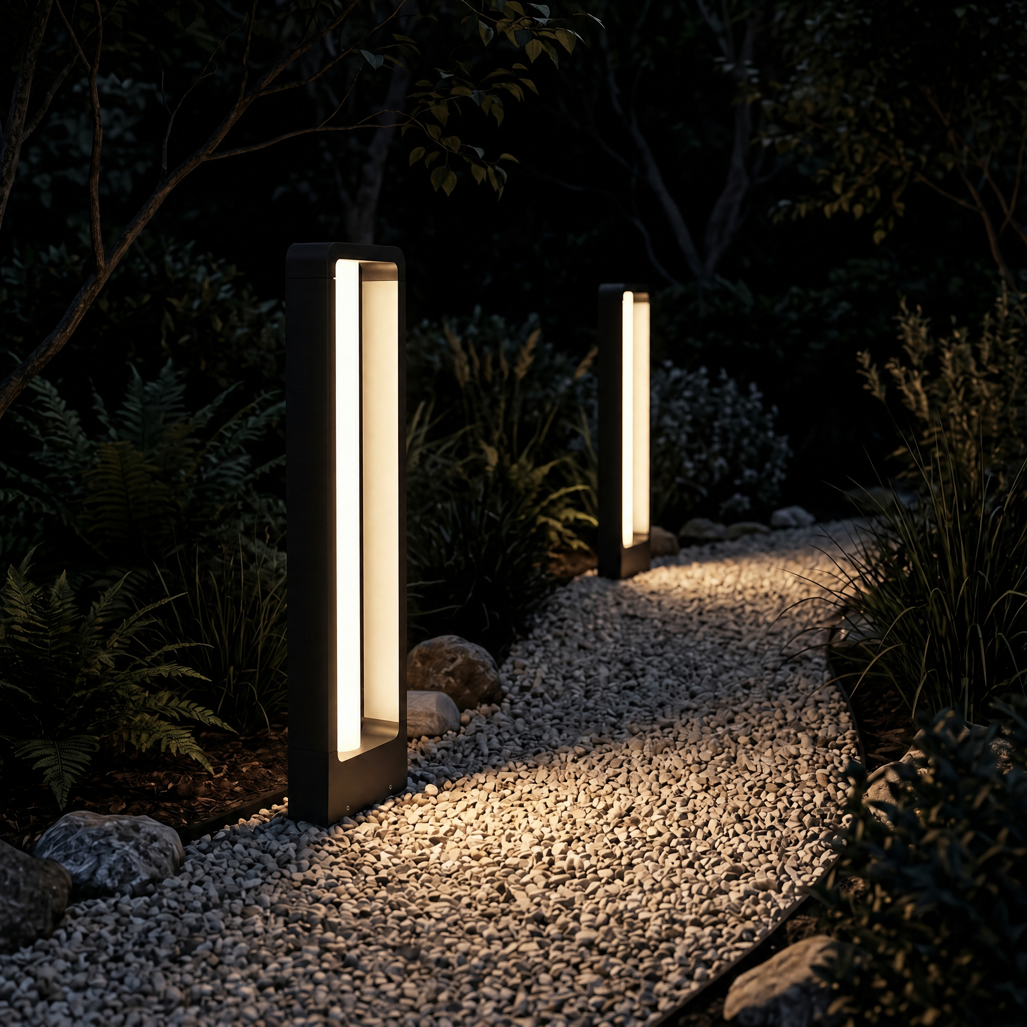 Two black bollard path lights glowing warm along a gravel garden path at night