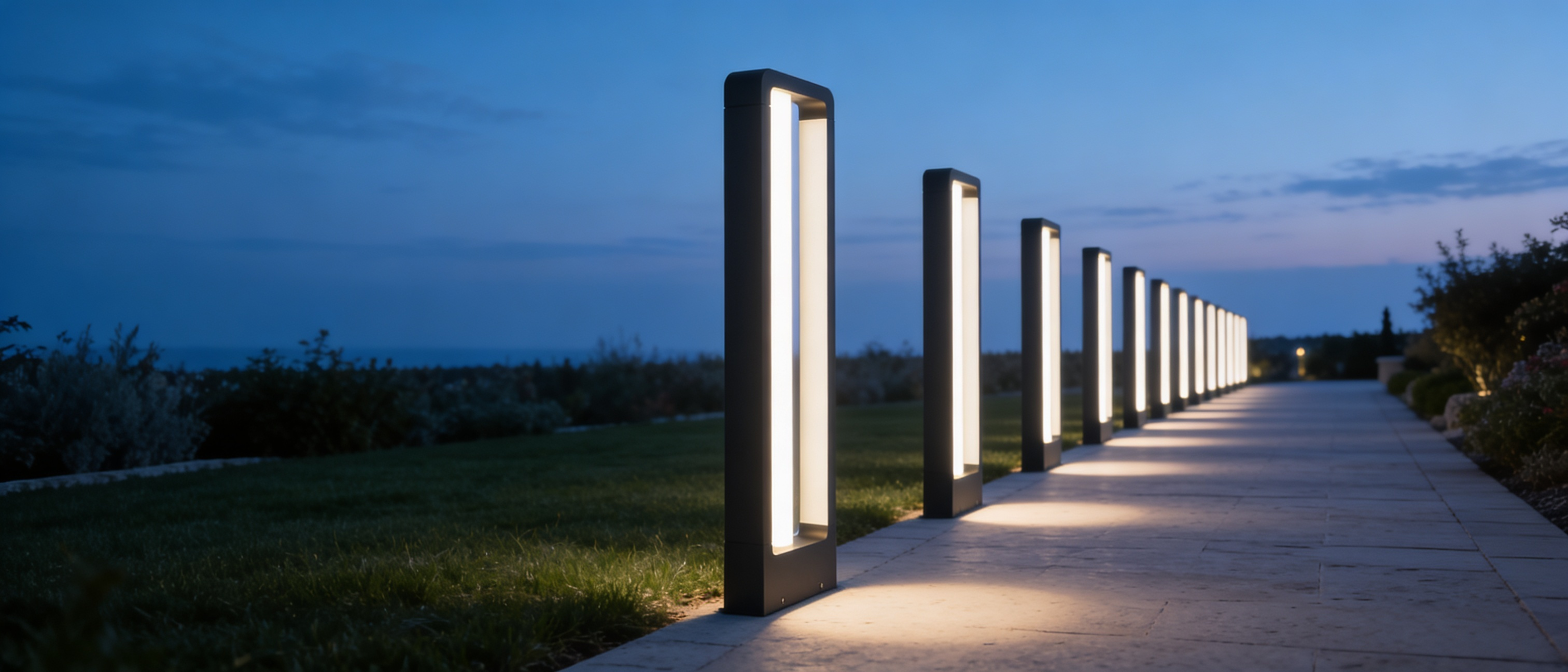 Sentiero Lucente pathway bollard lights lining a garden walkway at dusk, widescreen banner