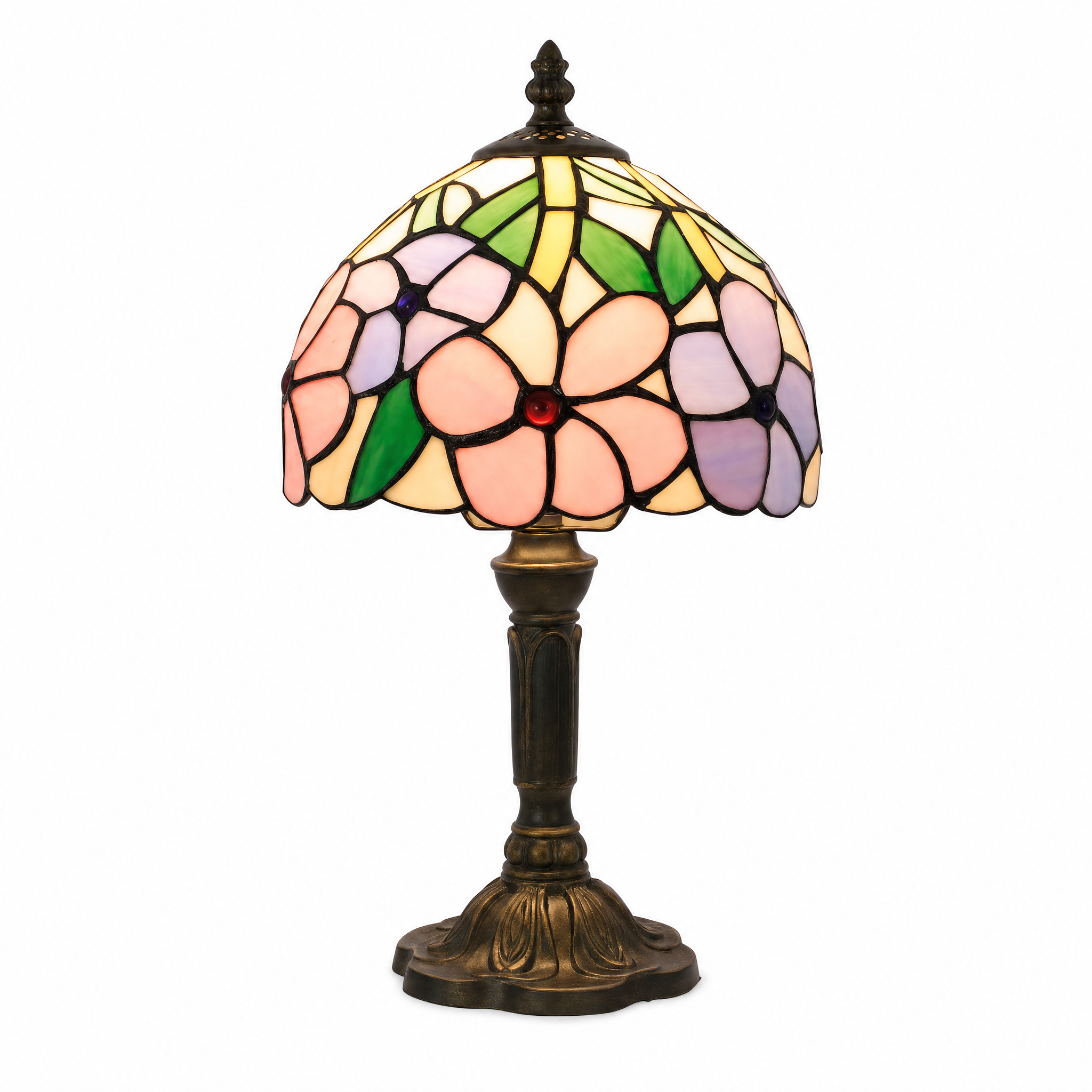 Fiori di Vetro stained glass table lamp — Pink Peony design, warm glowing, on a white background