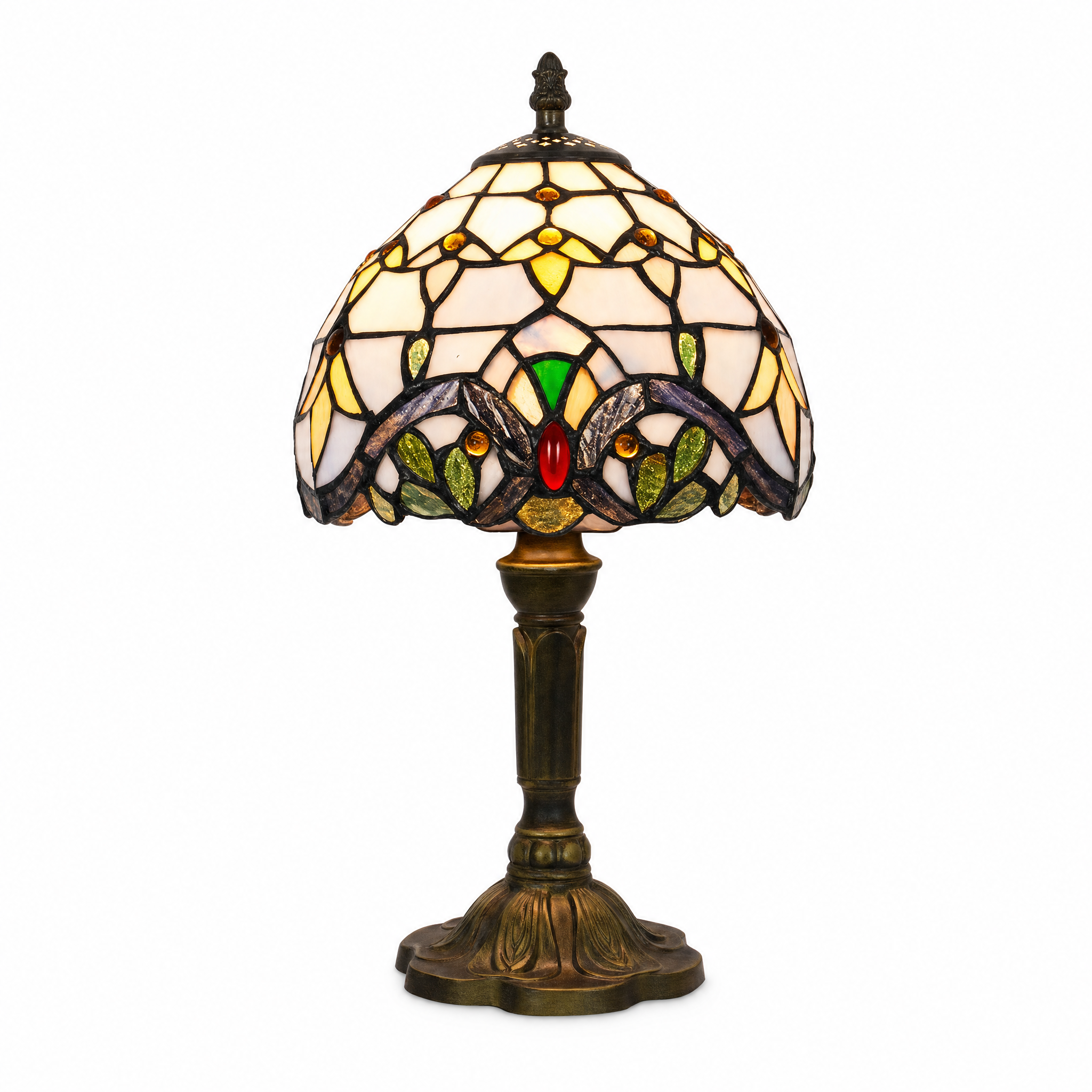 Fiori di Vetro stained glass table lamp — Violet Baroque design, warm glowing, on a white background