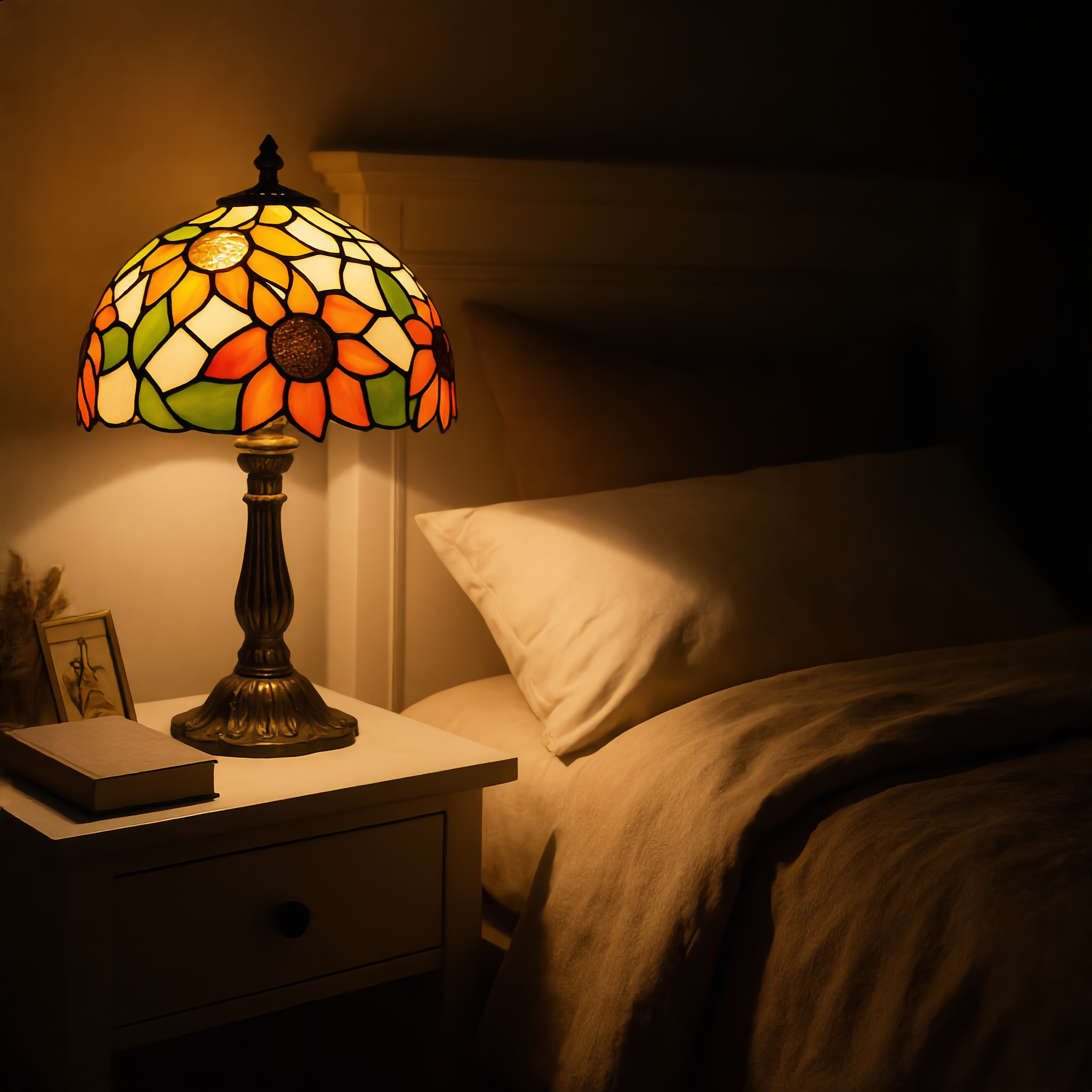 Stained glass Tiffany lamp glowing warm on a bedside table in a cozy bedroom at night