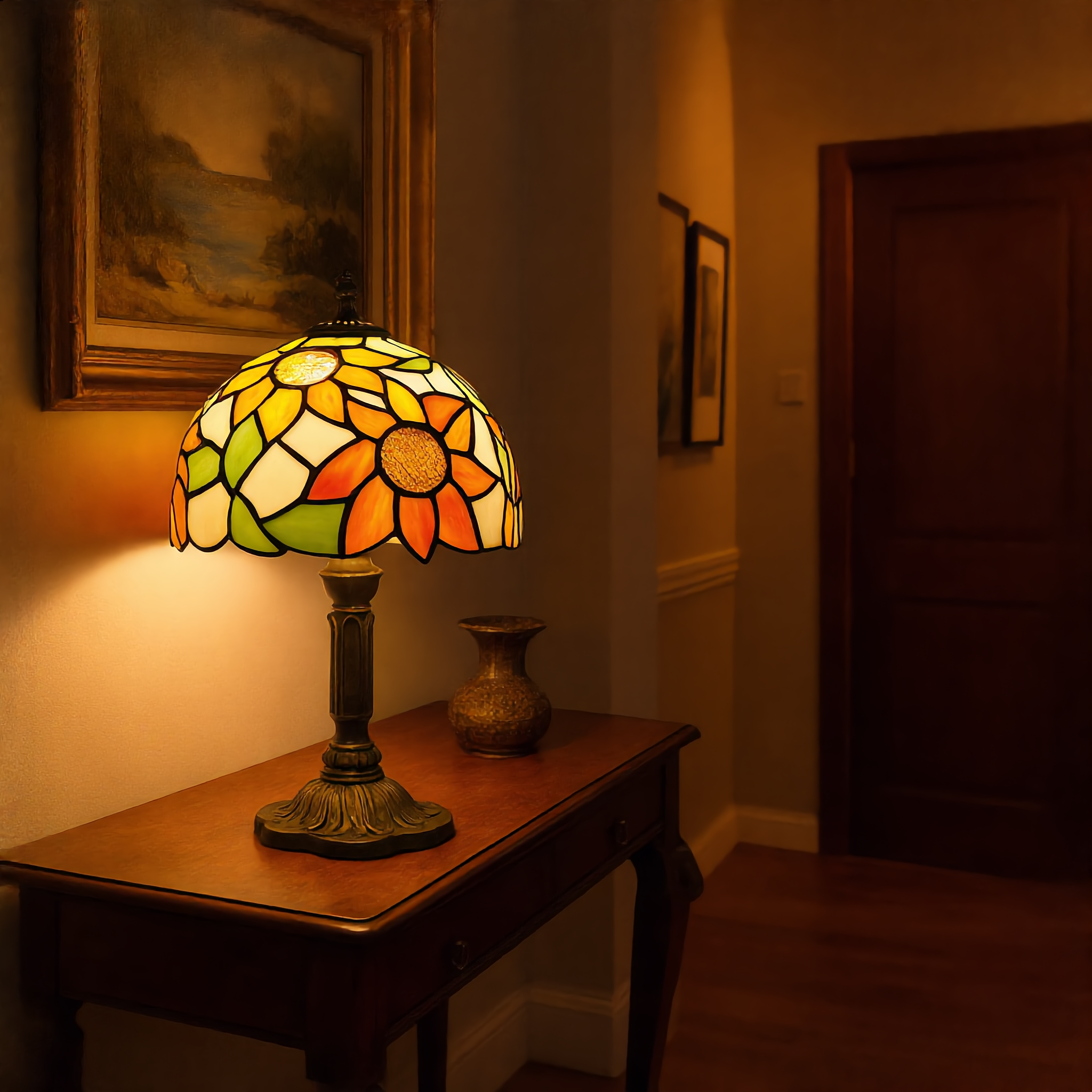 Stained glass Tiffany lamp glowing warm on a console table beside framed art in an entryway