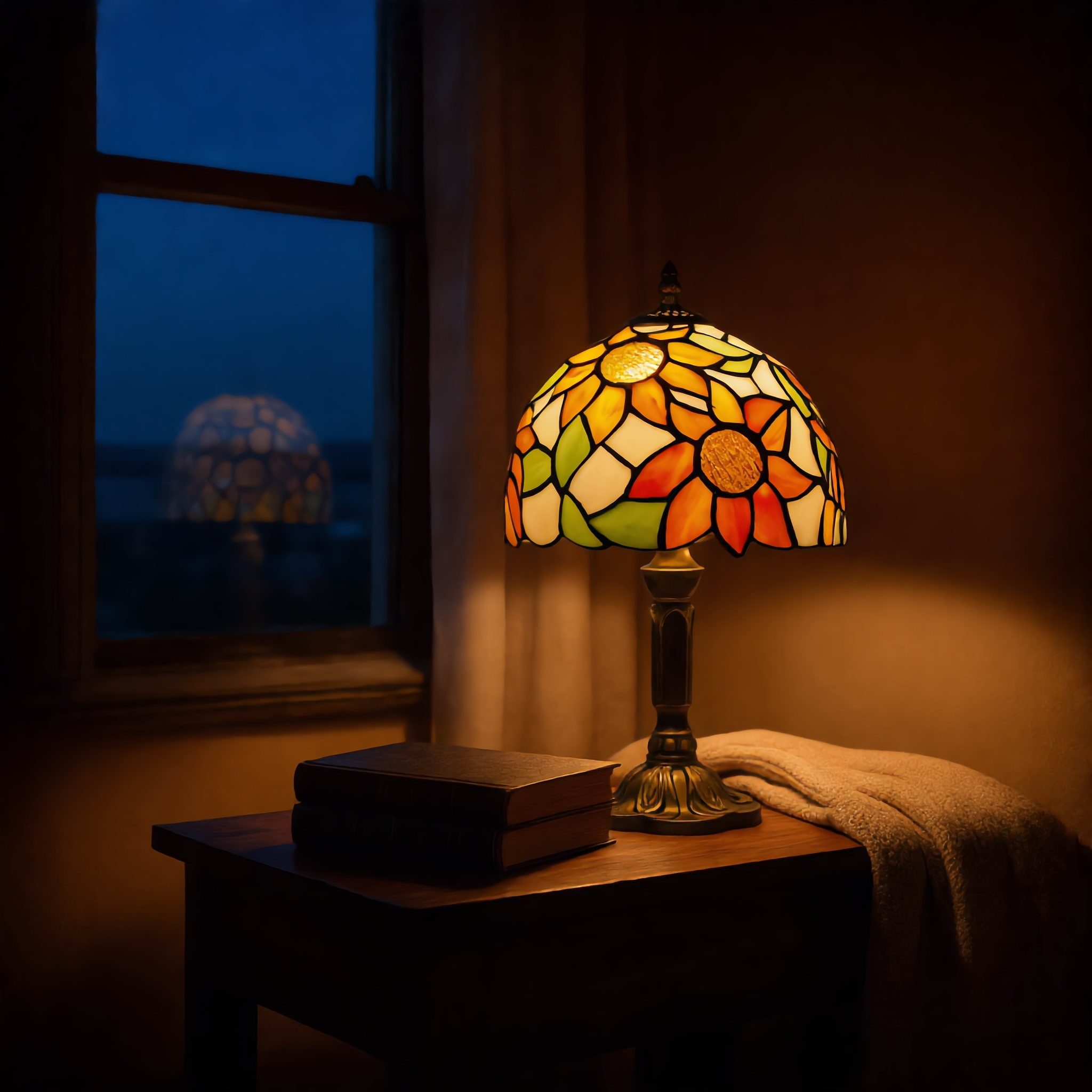 Stained glass Tiffany lamp glowing warm by a window at dusk in a cozy reading nook