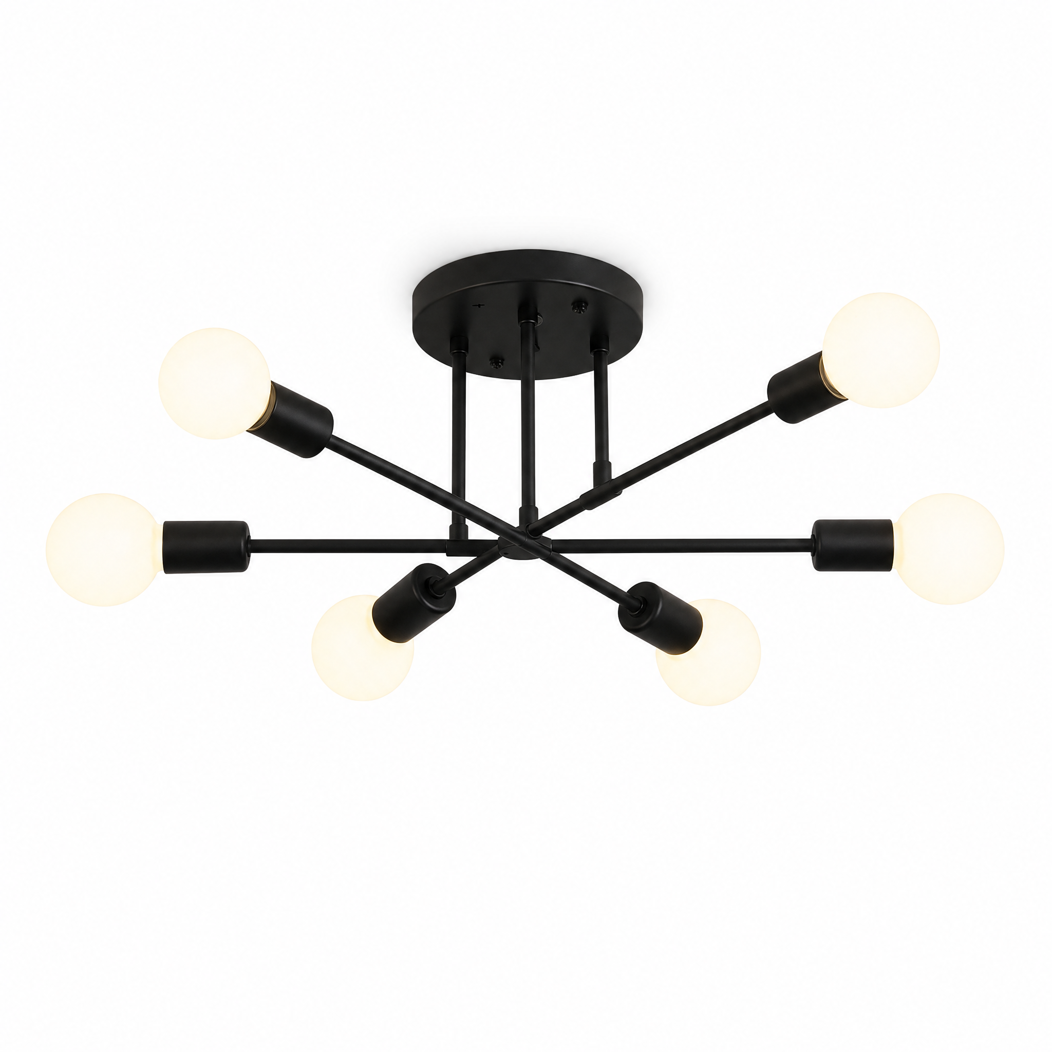 Raggiera Sputnik mid-century ceiling light — Black finish, glowing, on a white background