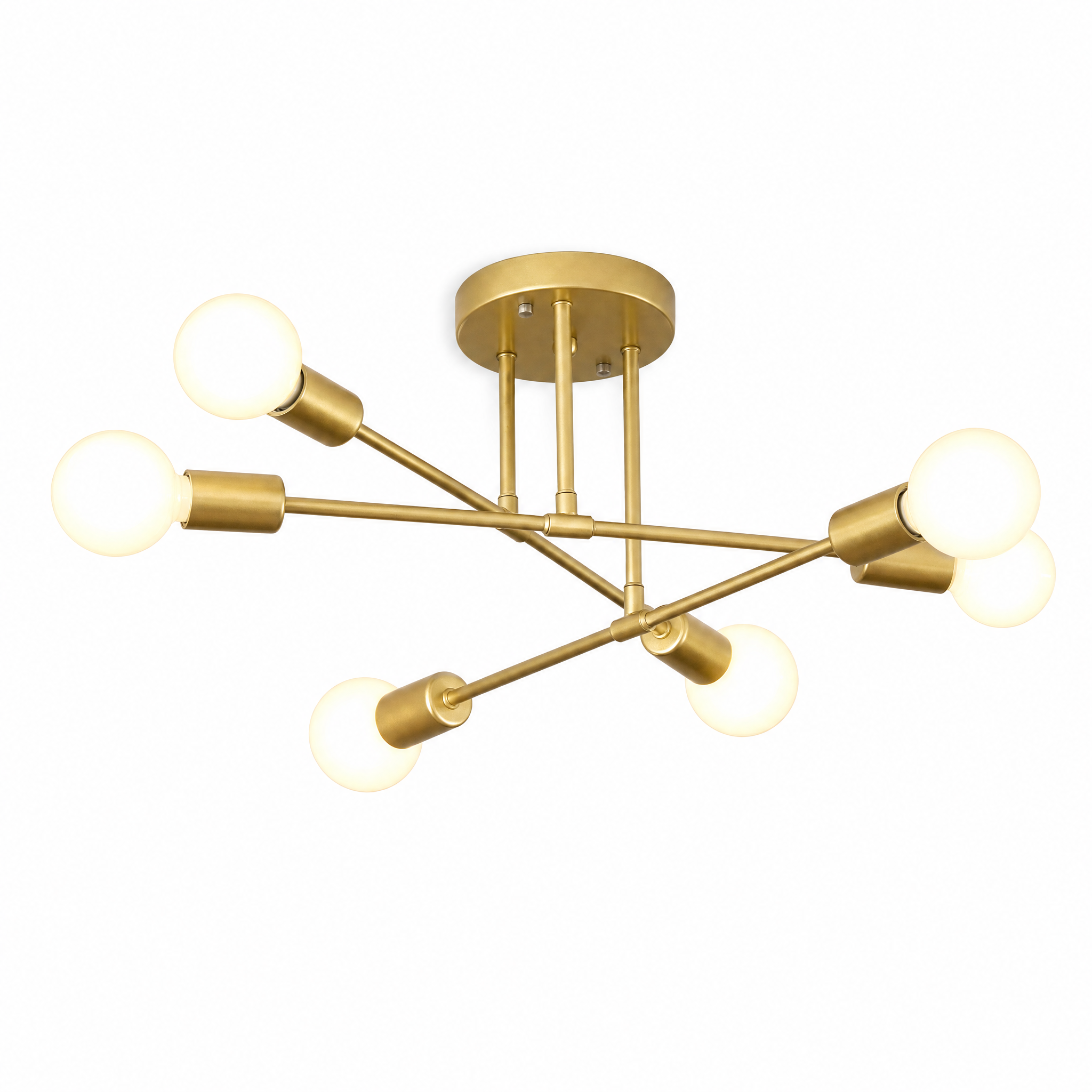 Raggiera Sputnik mid-century ceiling light — Gold finish, glowing, on a white background