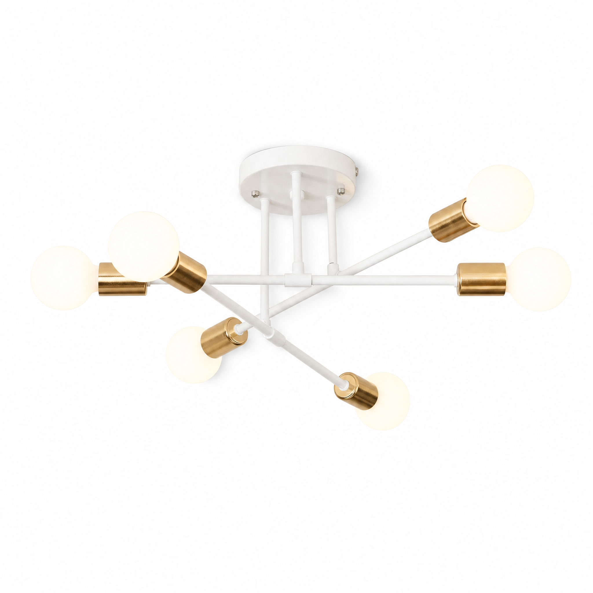 Raggiera Sputnik mid-century ceiling light — White & Gold finish, glowing, on a white background