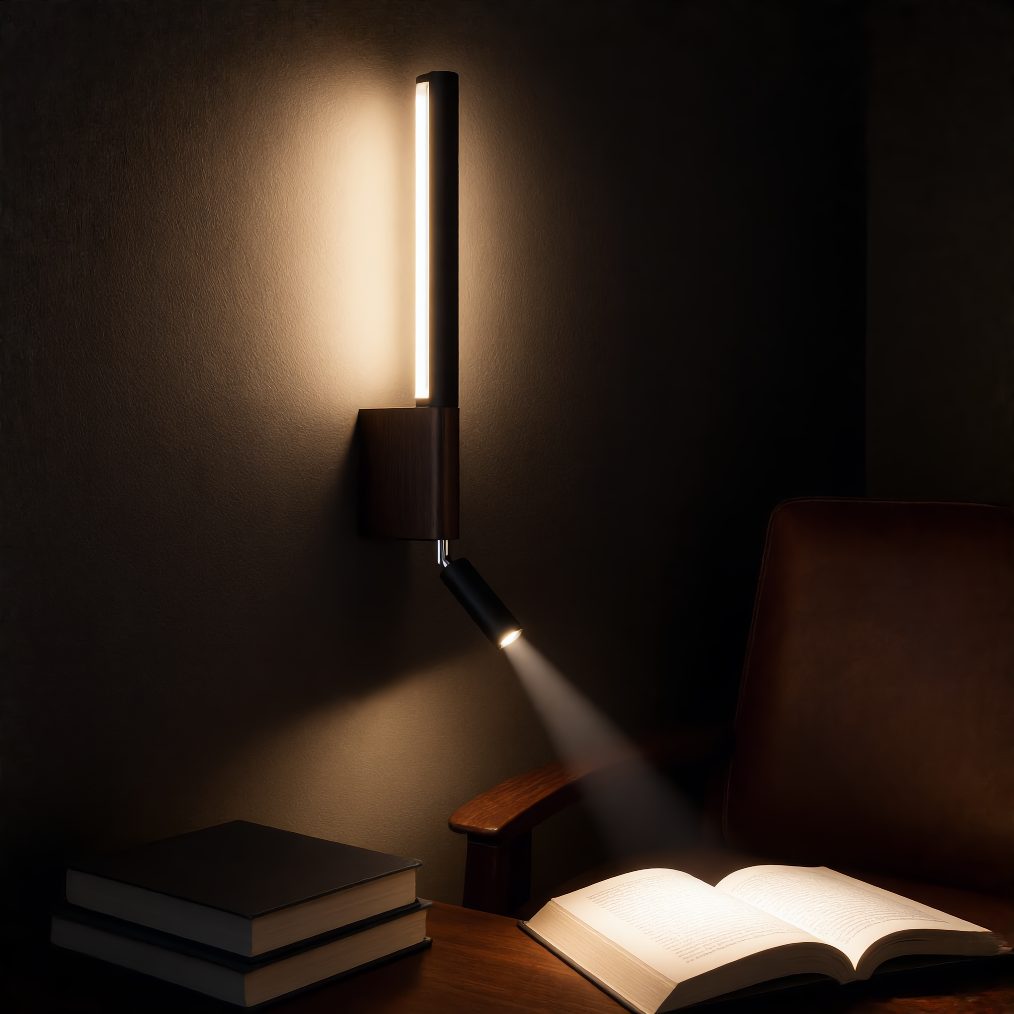 Black Carezza Notturna reading wall light with cool white spotlight in a study