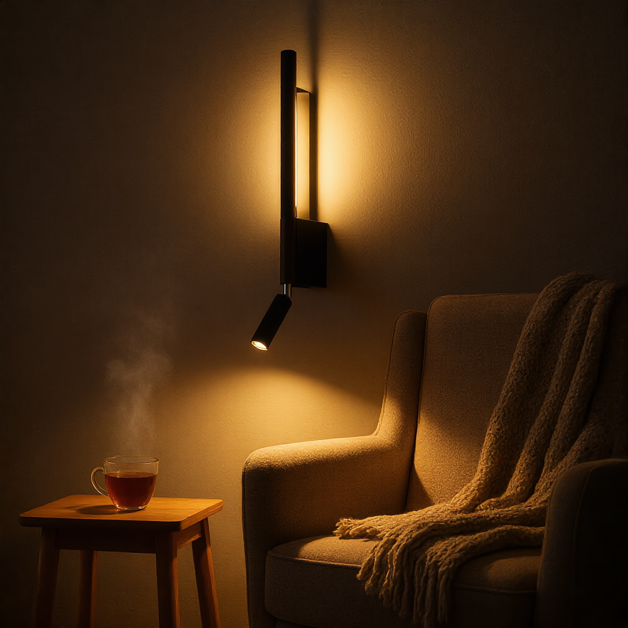 Black Carezza Notturna reading wall light in a warm reading corner