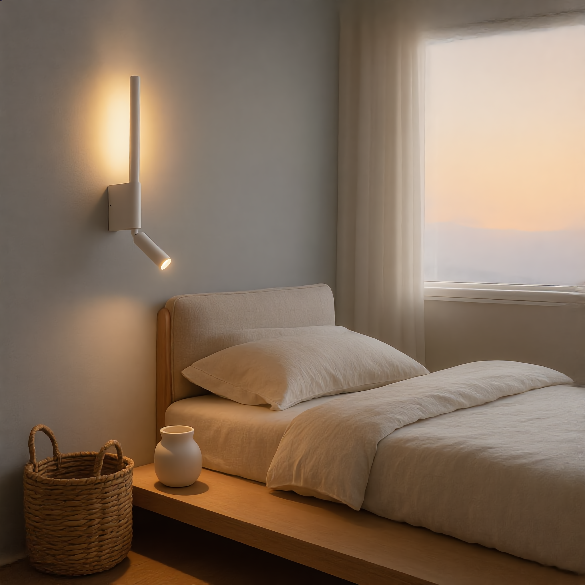 White Carezza Notturna reading wall light in a bright Japandi bedroom