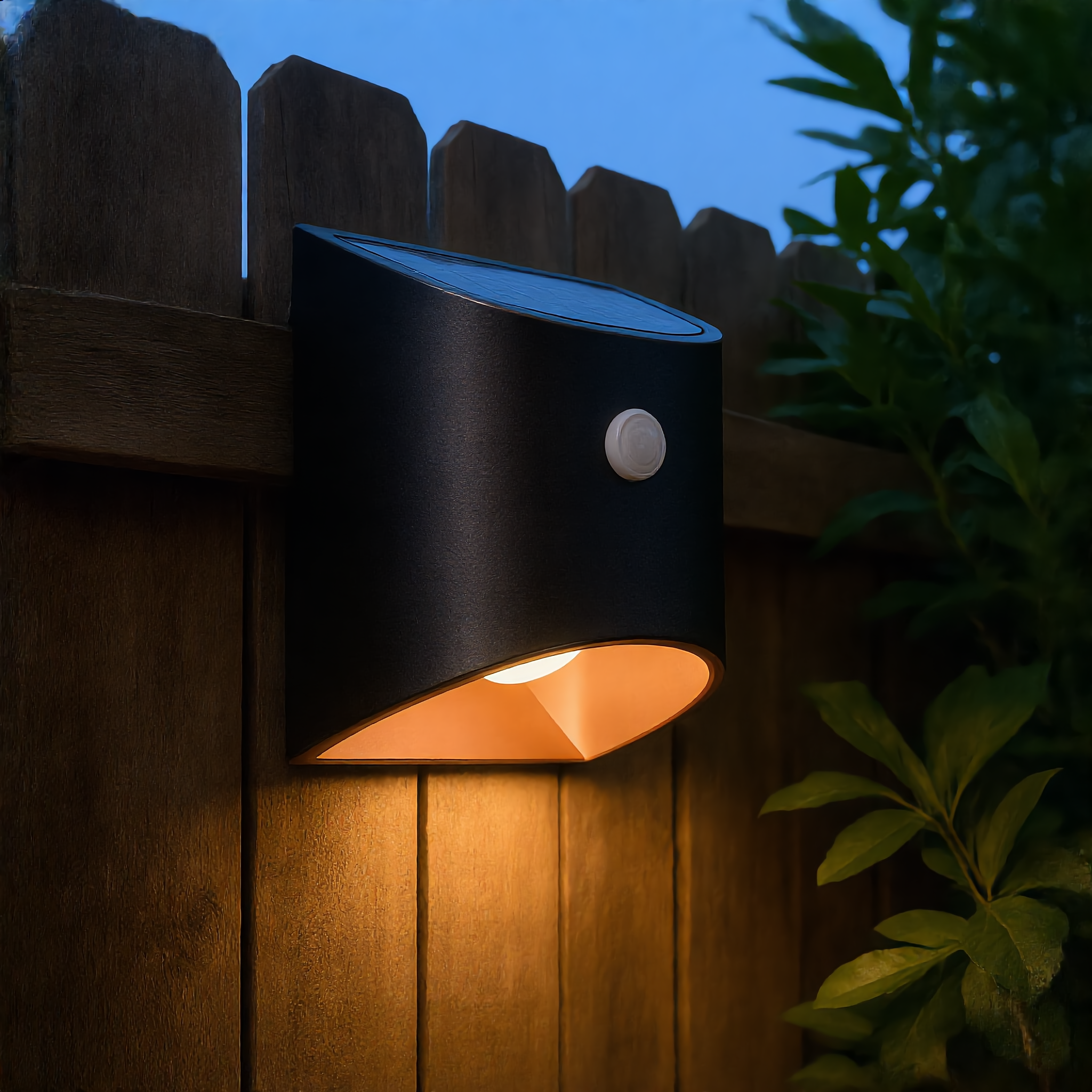 Single black Stella Solare solar wall light on a garden fence with warm glow at dusk