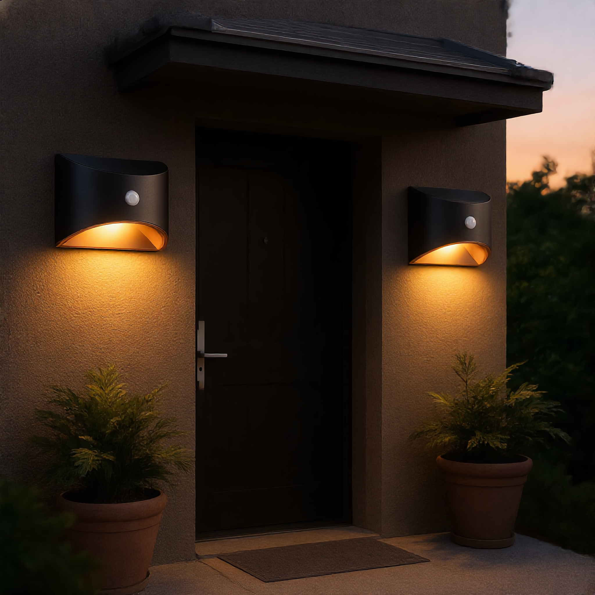 Two black Stella Solare solar wall lights flanking a modern front door with warm glow