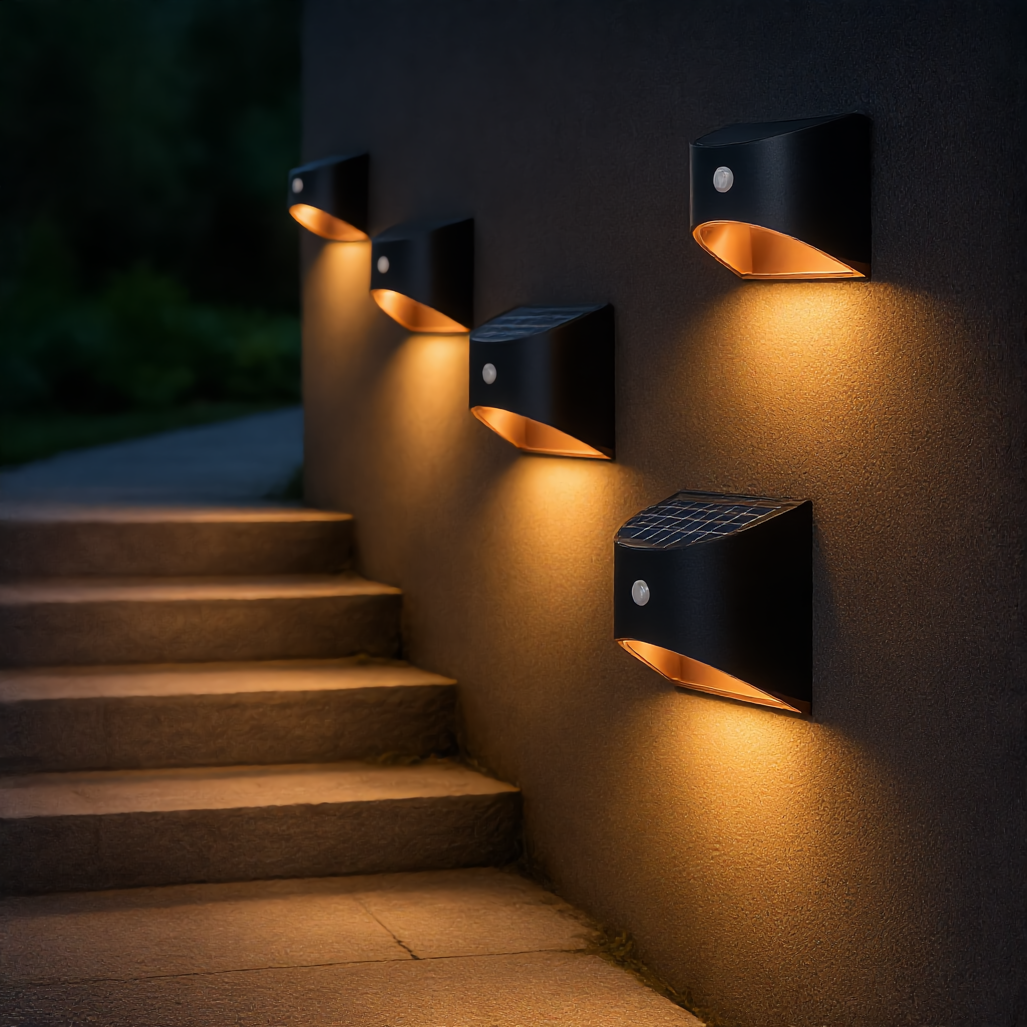 Four black Stella Solare solar wall lights lining outdoor garden steps with warm glow