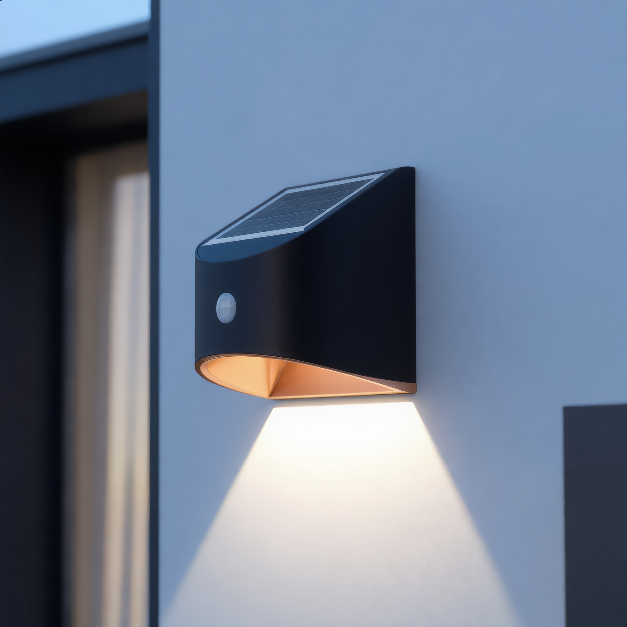 Single black Stella Solare solar wall light on a modern house wall with cool white glow