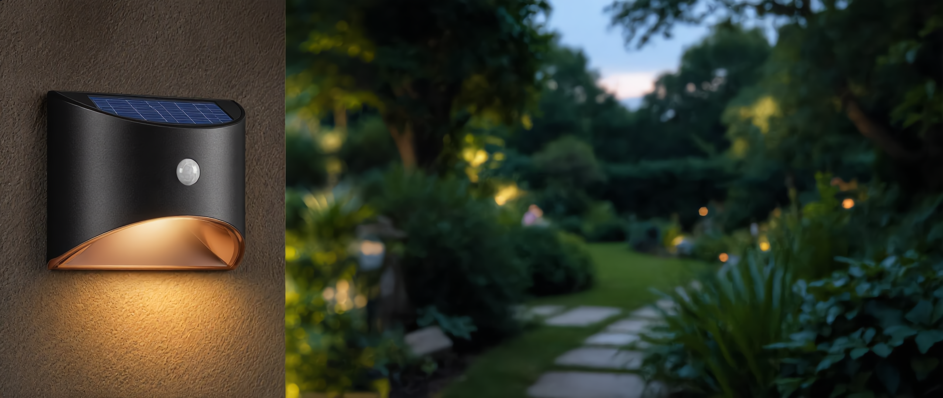 Stella Solare solar outdoor motion wall light glowing warm on a garden wall at dusk (banner)