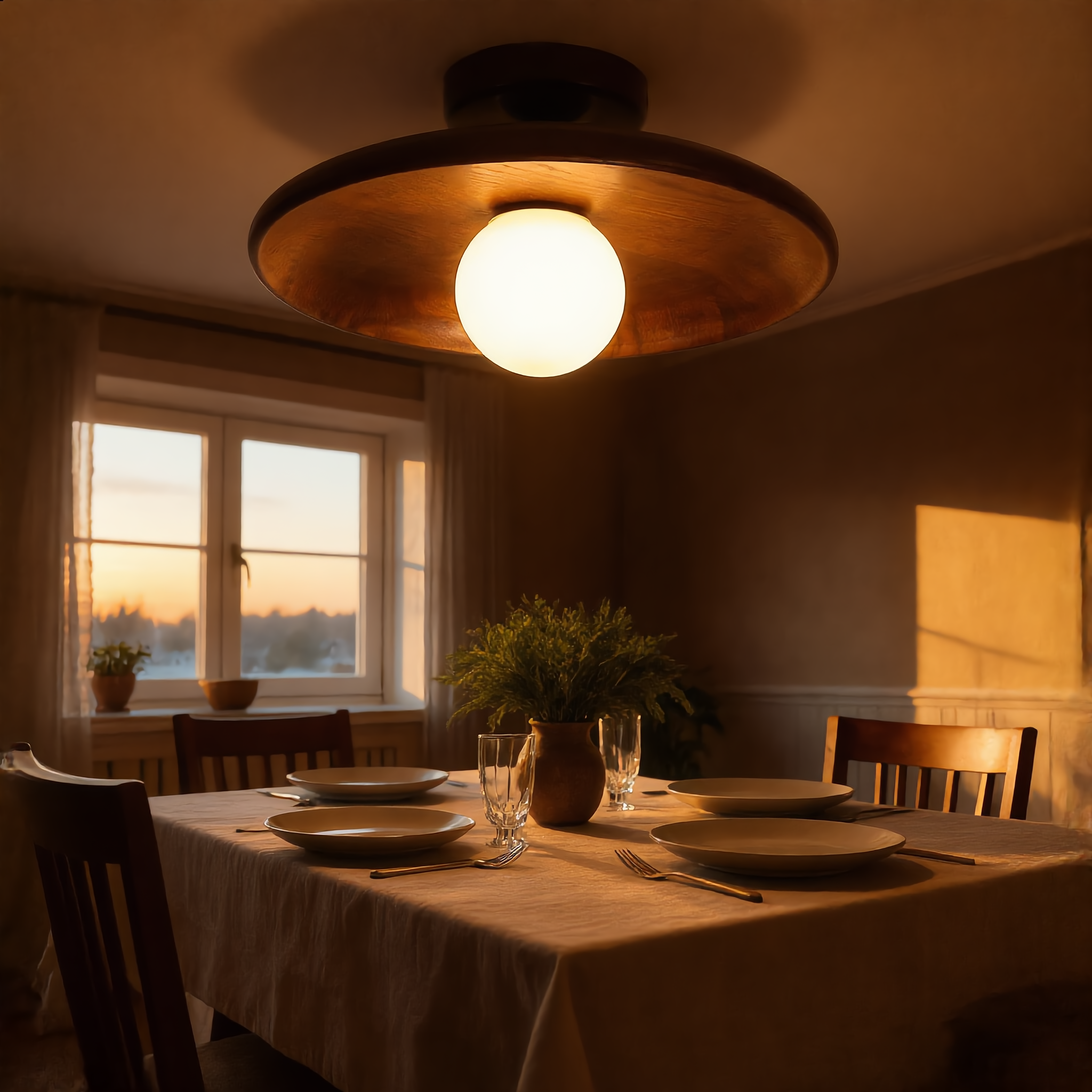Walnut Aureola wood ceiling light glowing warm over a Scandinavian dining table at dusk