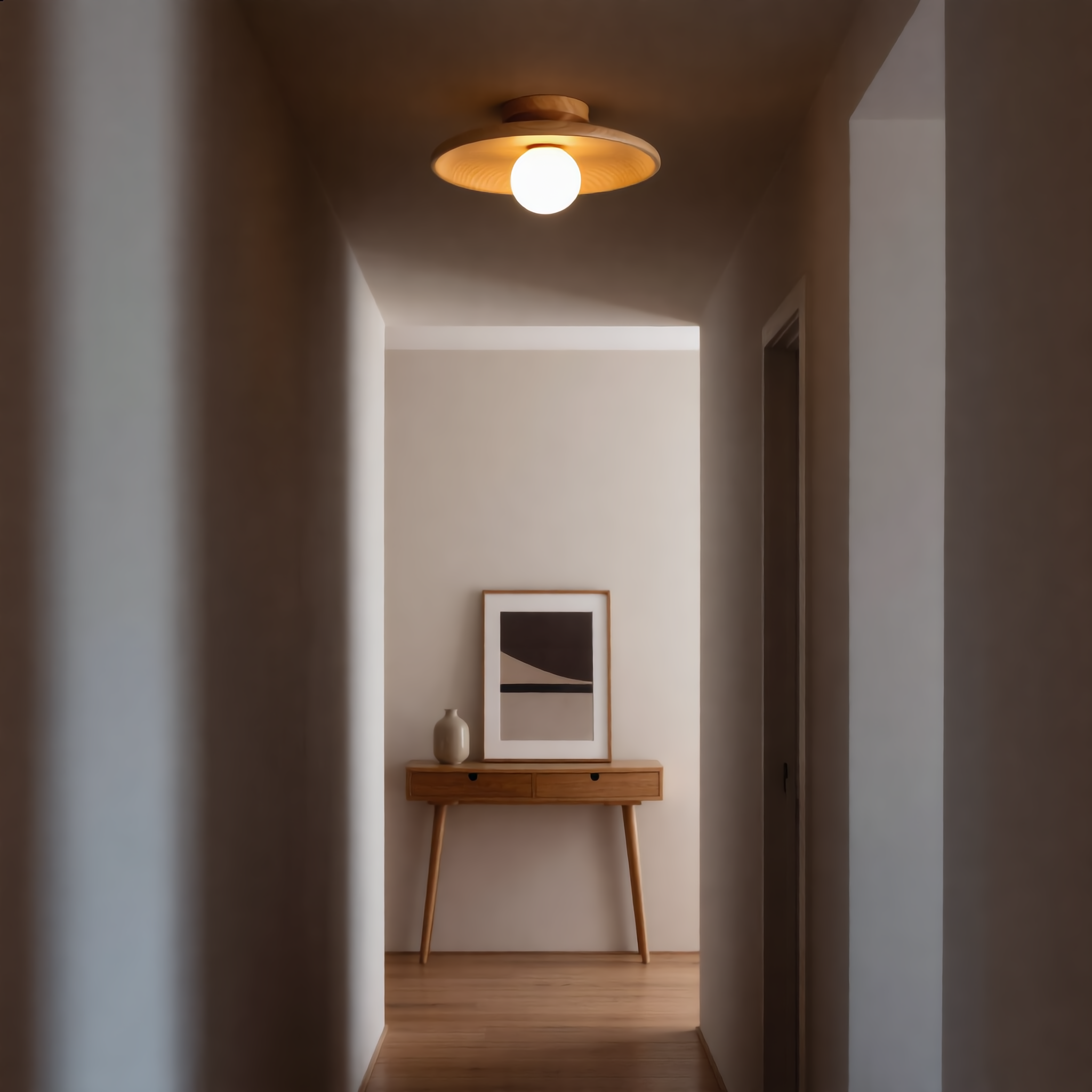 Small natural wood Aureola ceiling light glowing in a Japandi hallway