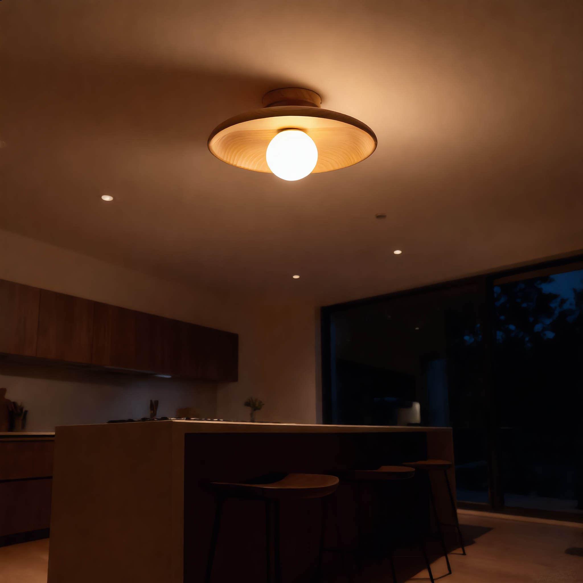 Natural wood Aureola ceiling light glowing in a modern open-plan kitchen at night