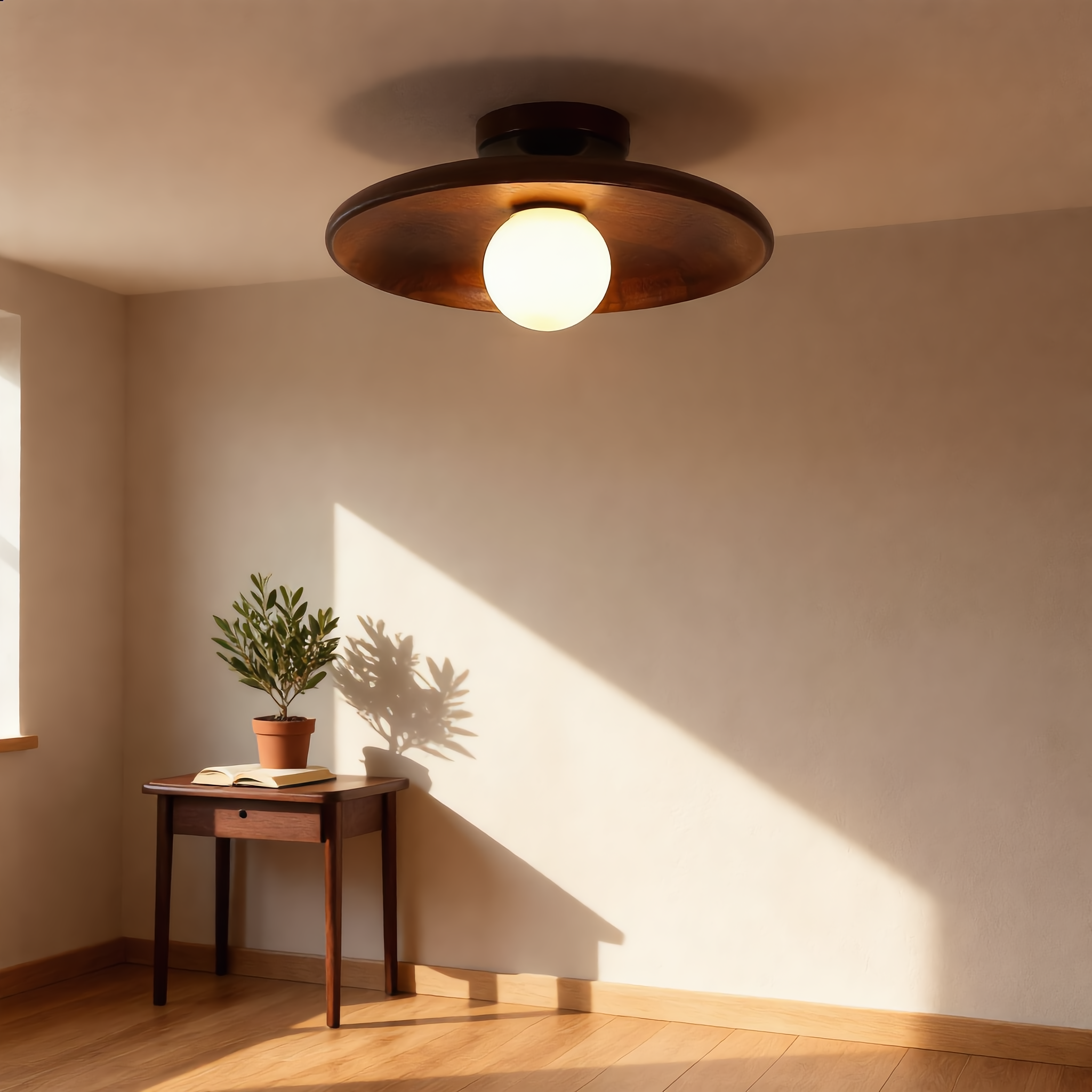 Walnut Aureola wood ceiling light in a sunlit minimalist room in daytime