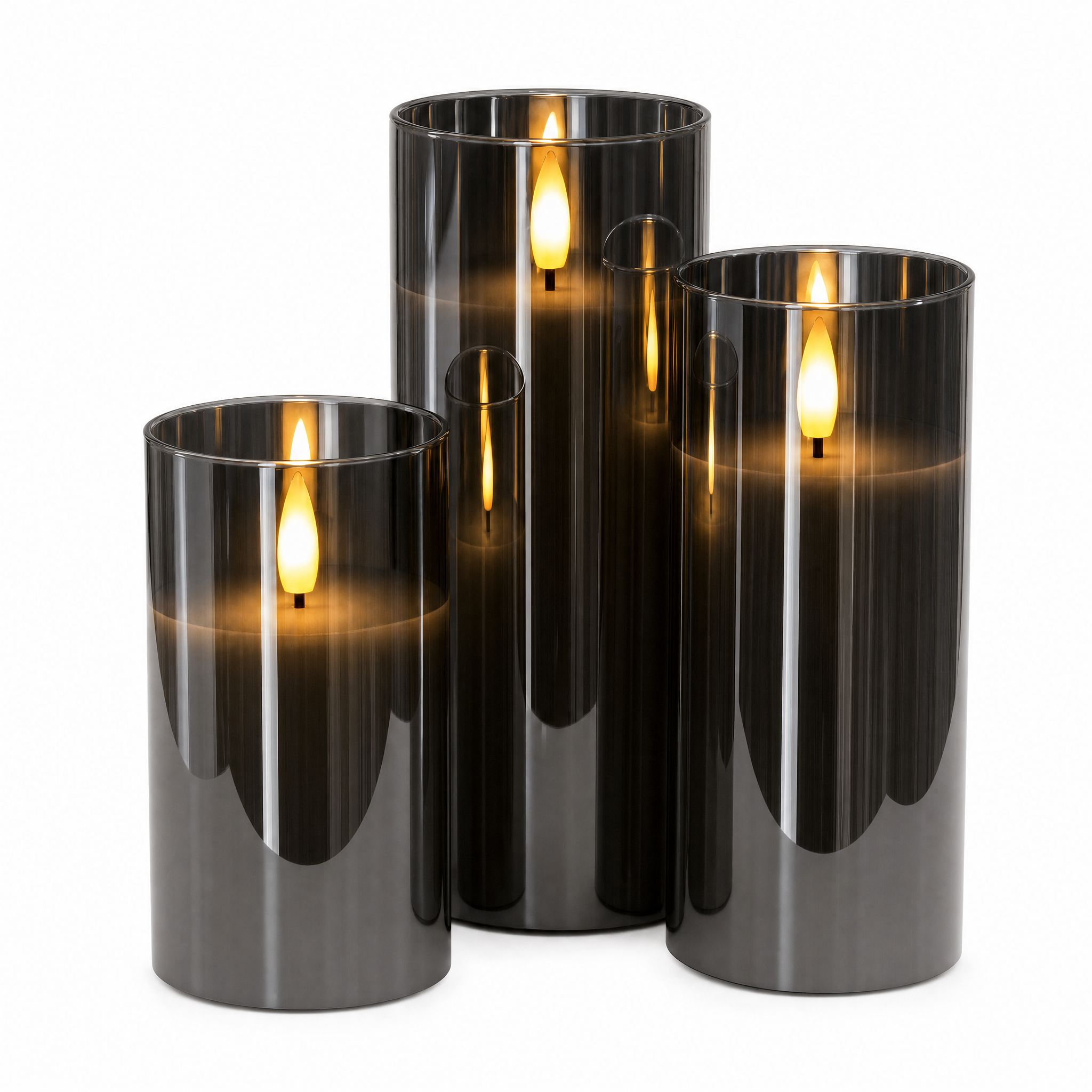 Fiamma Serena flameless LED candle set of 3 in smoky black glass with realistic moving flame