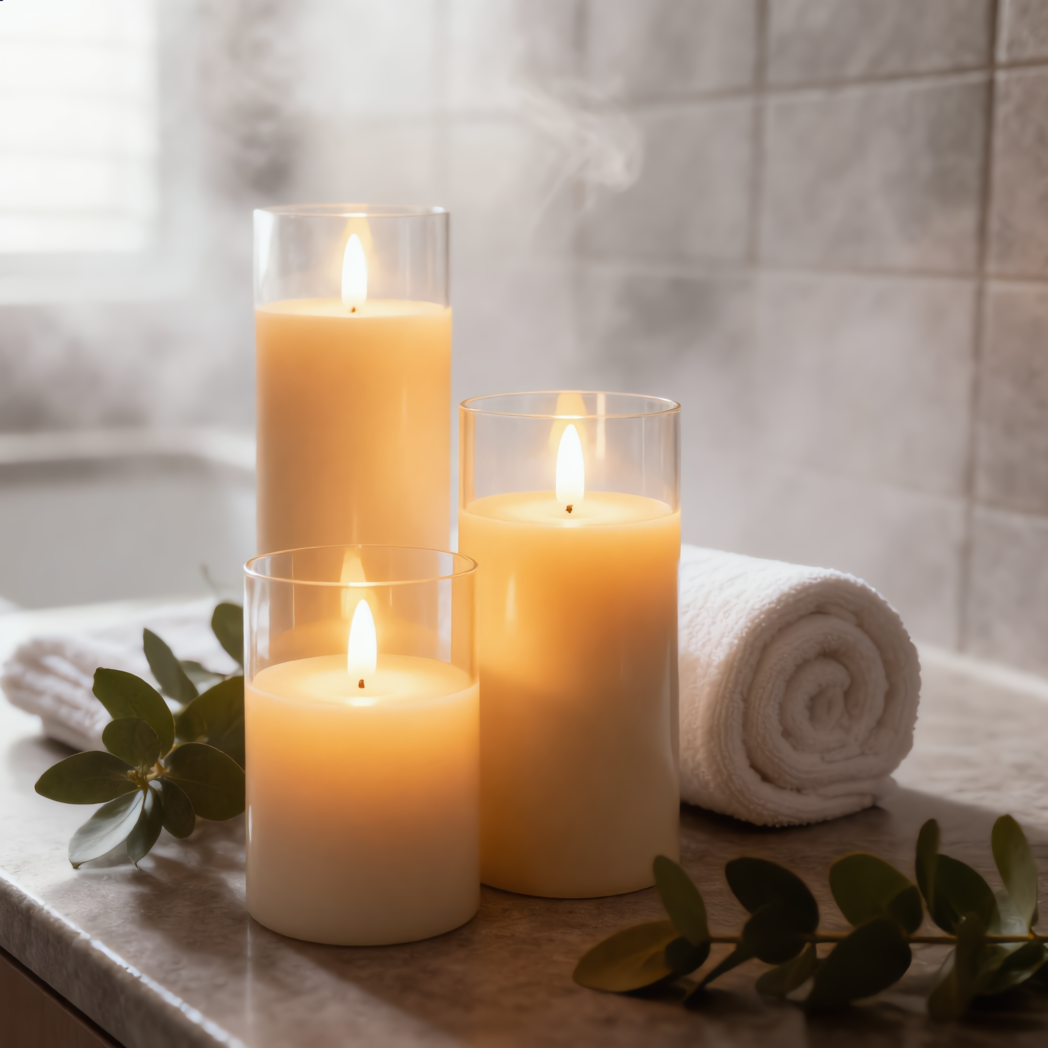 Clear glass Fiamma Serena flameless candles on a spa bathroom ledge with towels and eucalyptus