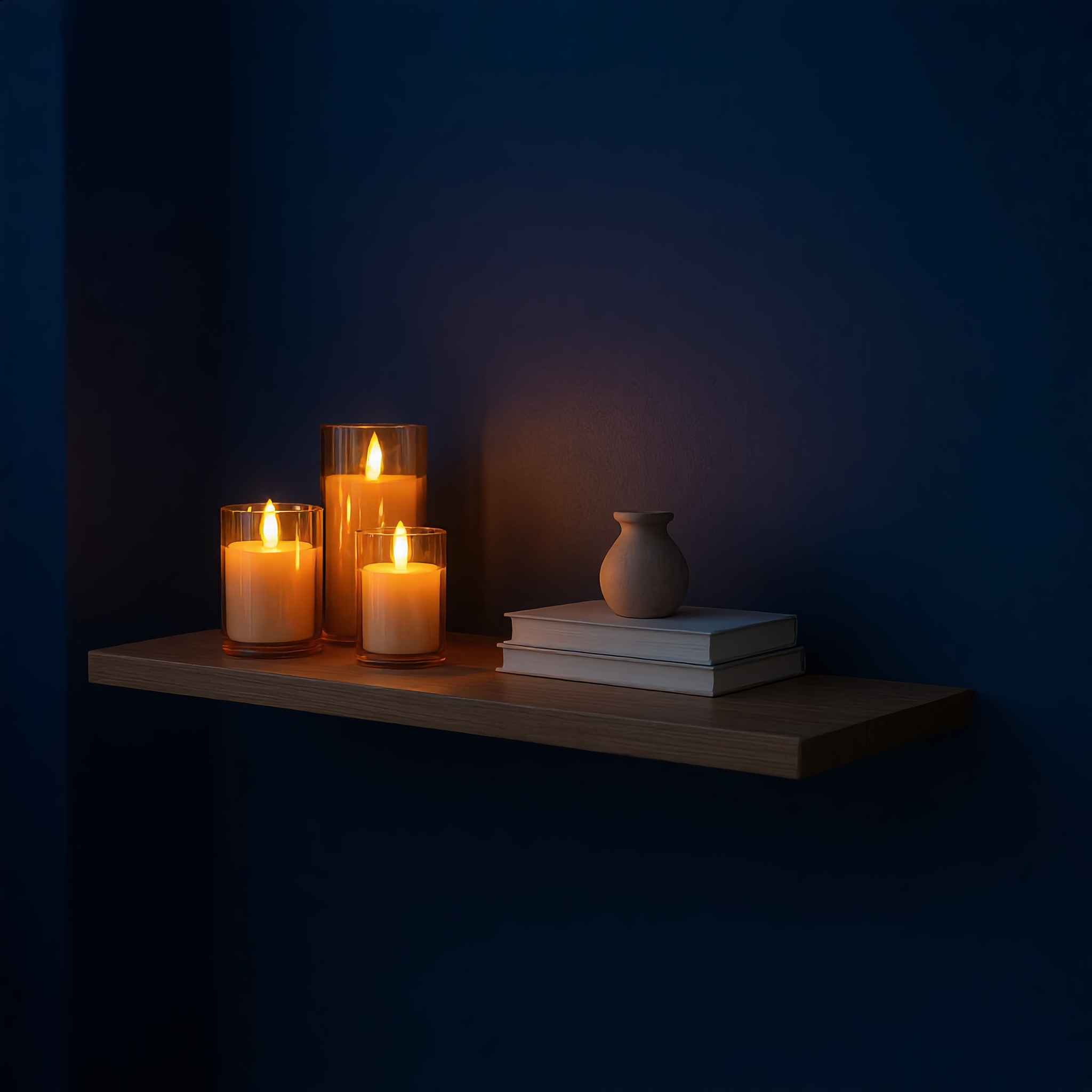 Amber glass Fiamma Serena flameless candles on a mantel shelf at blue-hour dusk