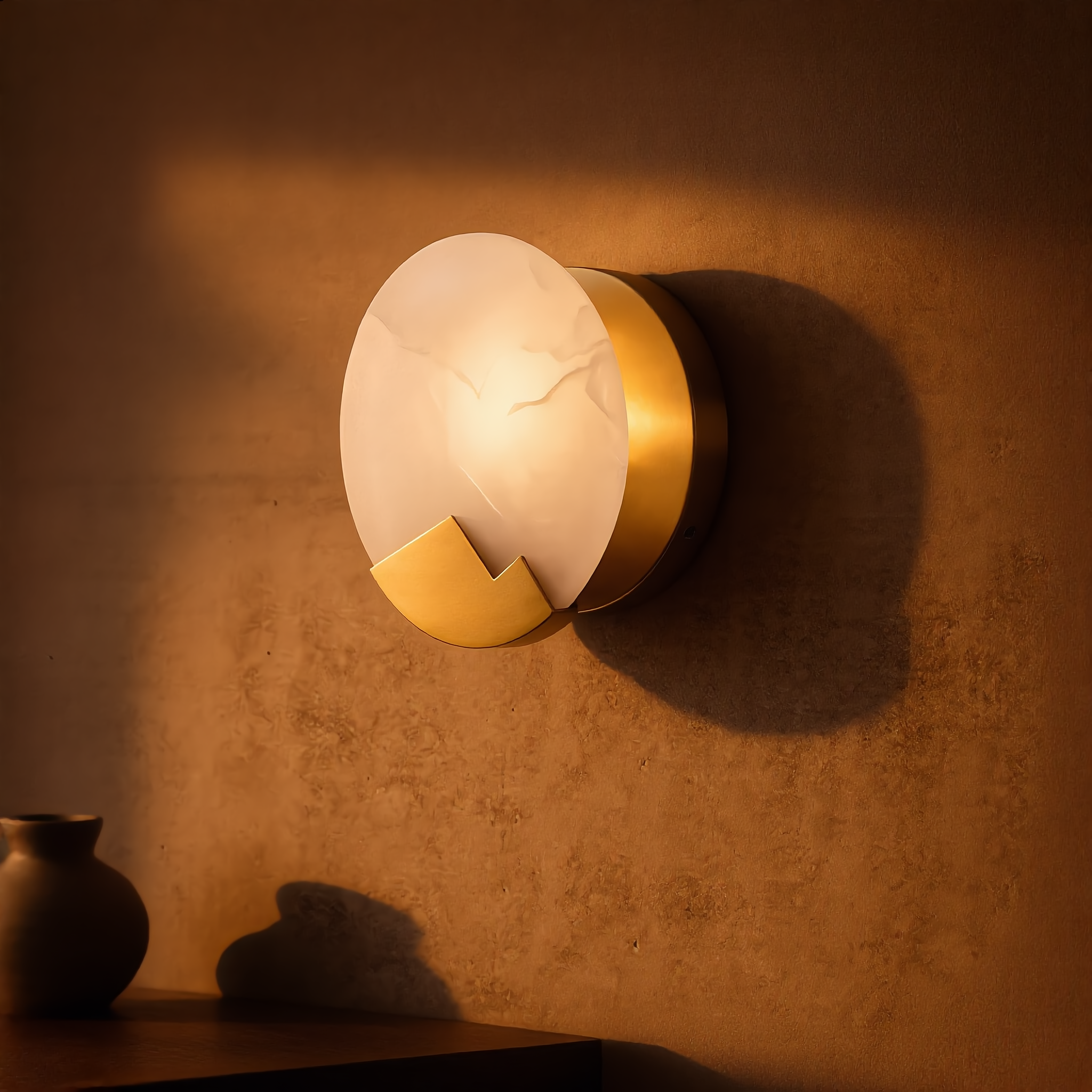 Three-quarter view of the Luna d'Alabastro wall sconce showing its copper backplate and warm glow
