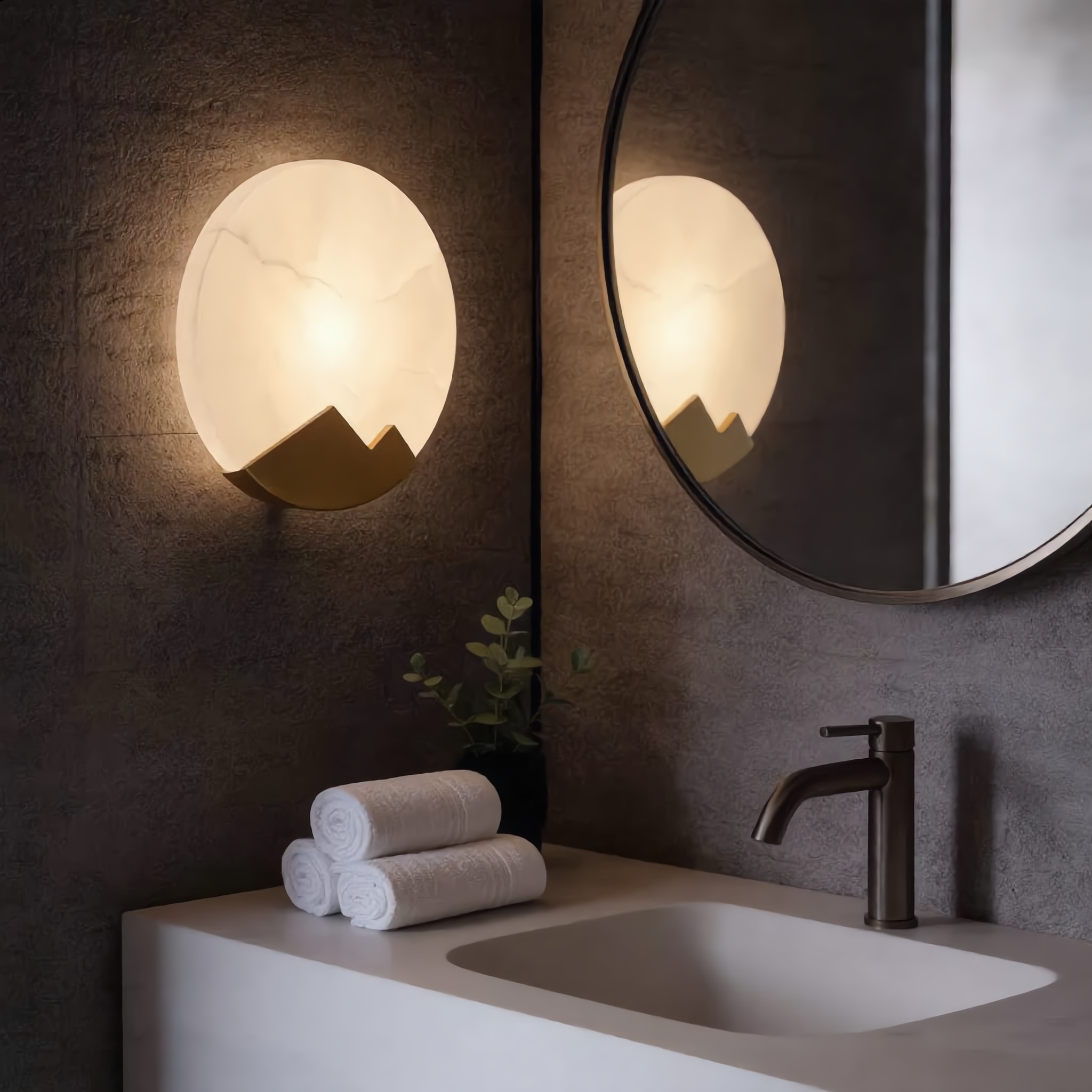 Luna d'Alabastro alabaster moon wall sconce glowing warm beside a vanity mirror in a spa bathroom