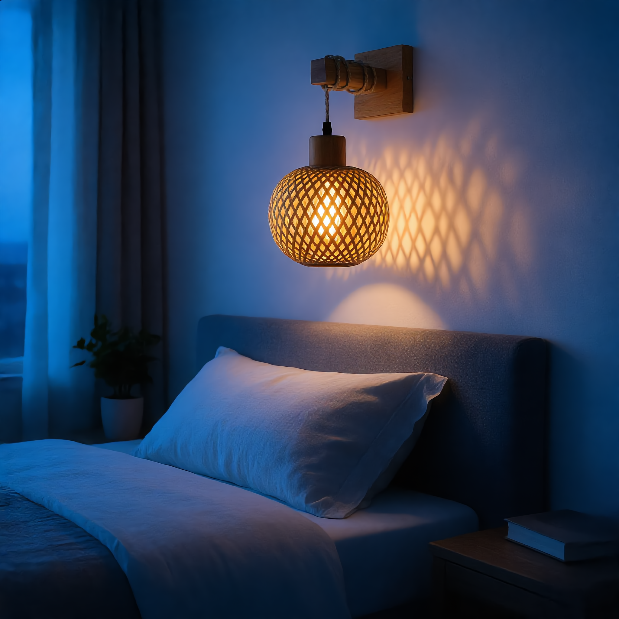 Intreccio rattan wall lamp above a headboard casting a warm lattice glow at blue hour
