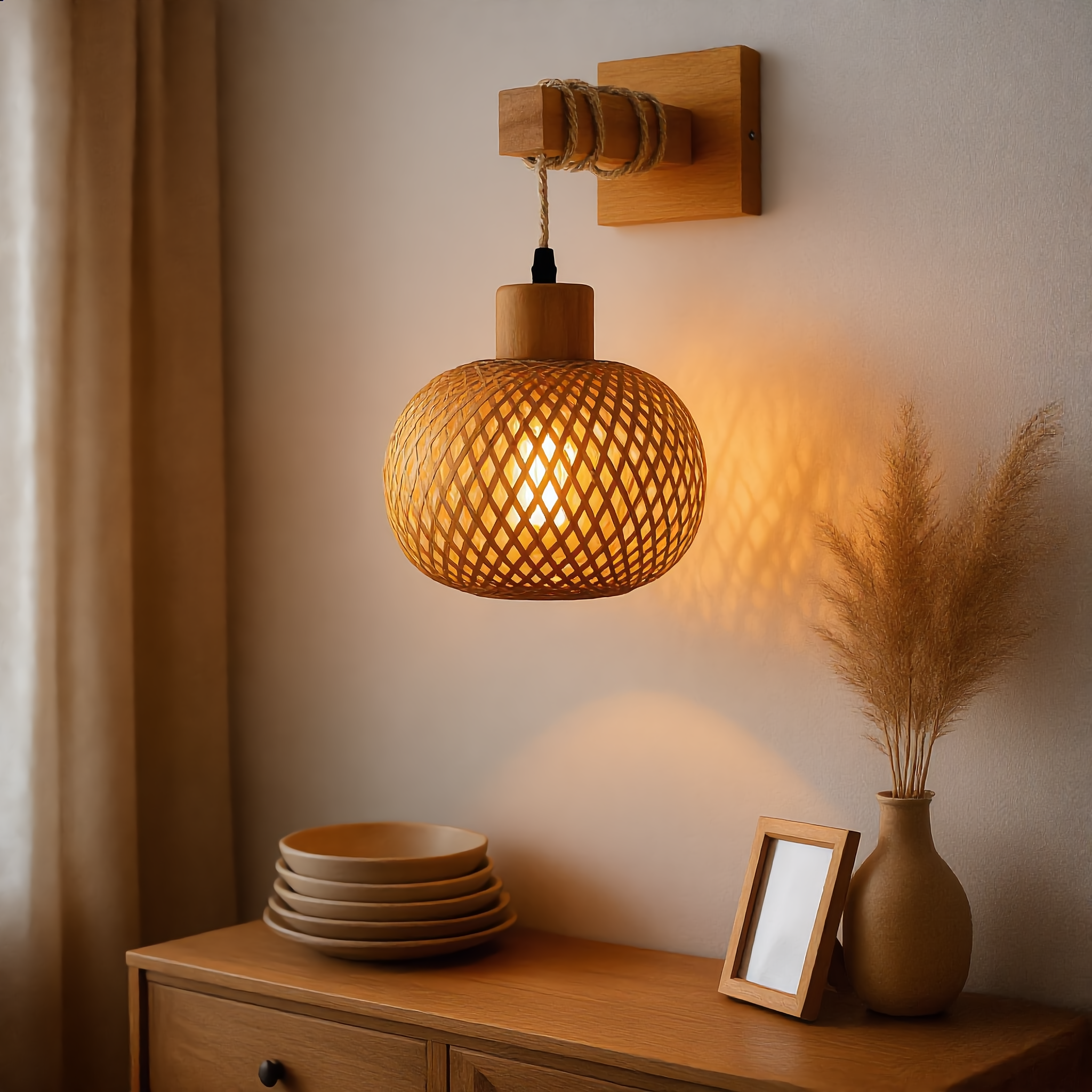 Intreccio rattan wall lamp over a styled wood console with ceramics and dried pampas