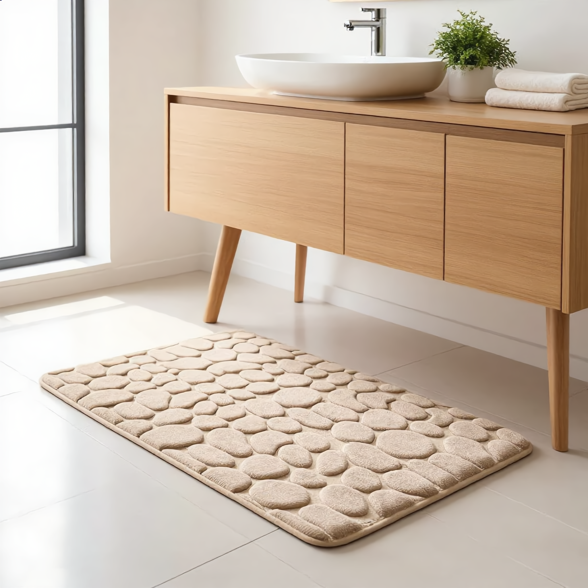 Beige Ciottoli bath mat in a bright modern bathroom beside a wood vanity