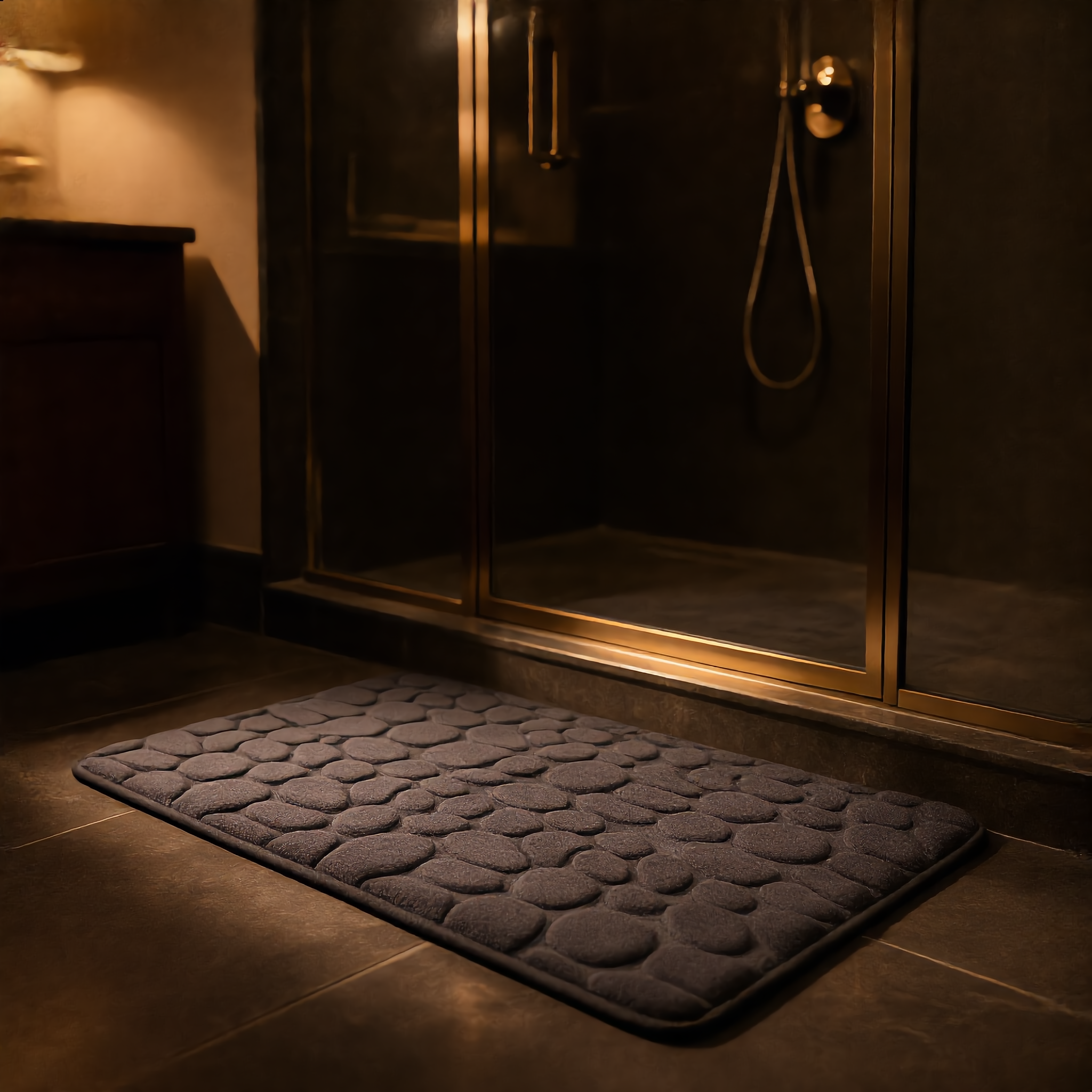 Charcoal Ciottoli bath mat in a moody luxe bathroom with brass fixtures