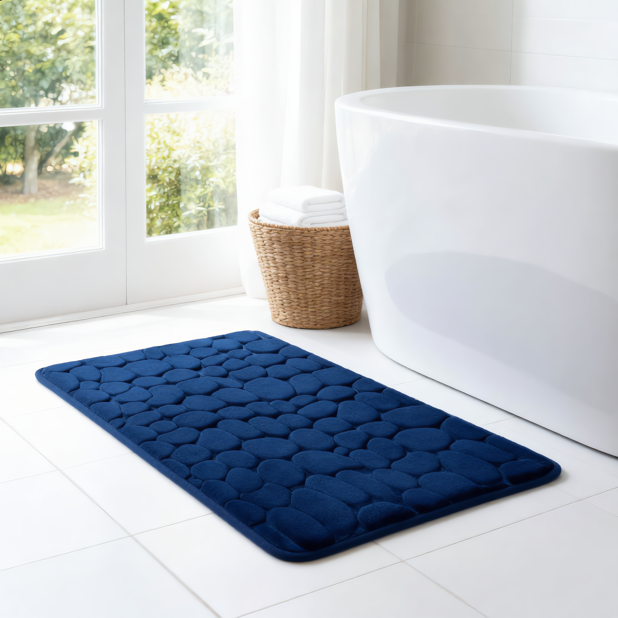 Royal blue Ciottoli bath mat in a bright airy coastal bathroom