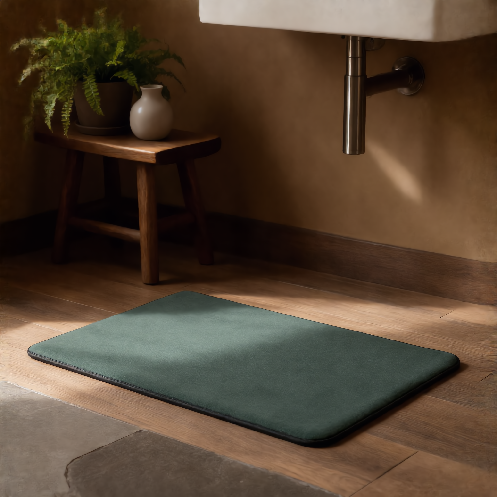 Sage green Velluto bath mat in a warm botanical Japandi bathroom