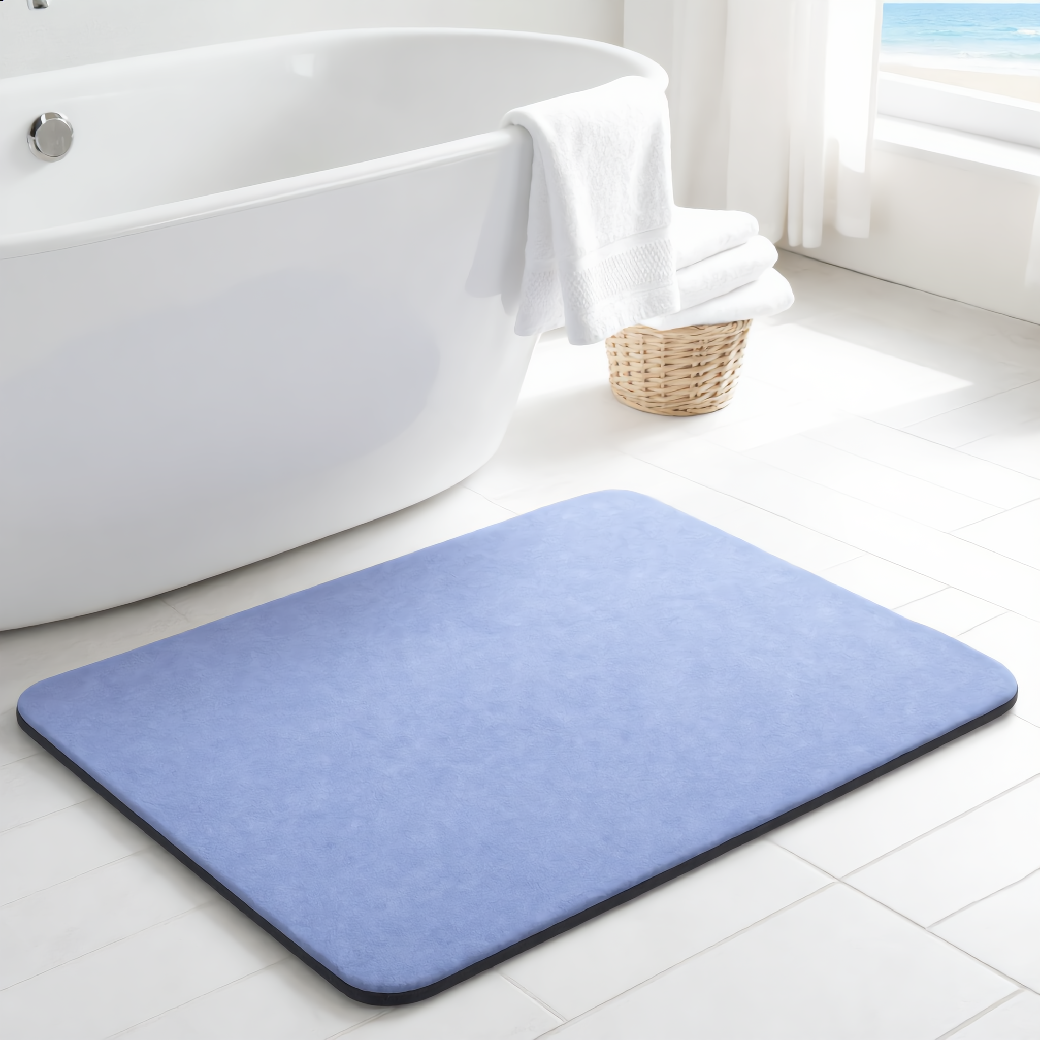 Periwinkle blue Velluto bath mat in a bright airy coastal bathroom
