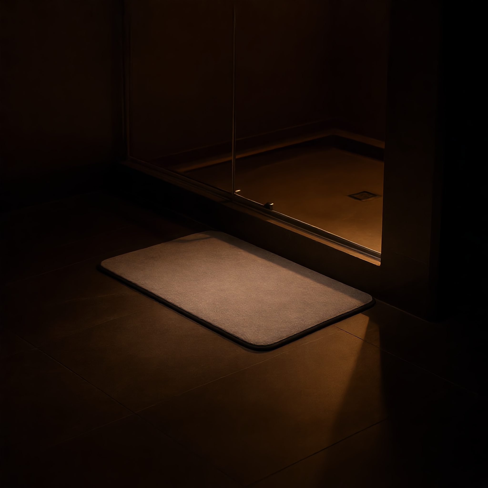 Dark gray Velluto bath mat in a moody modern bathroom