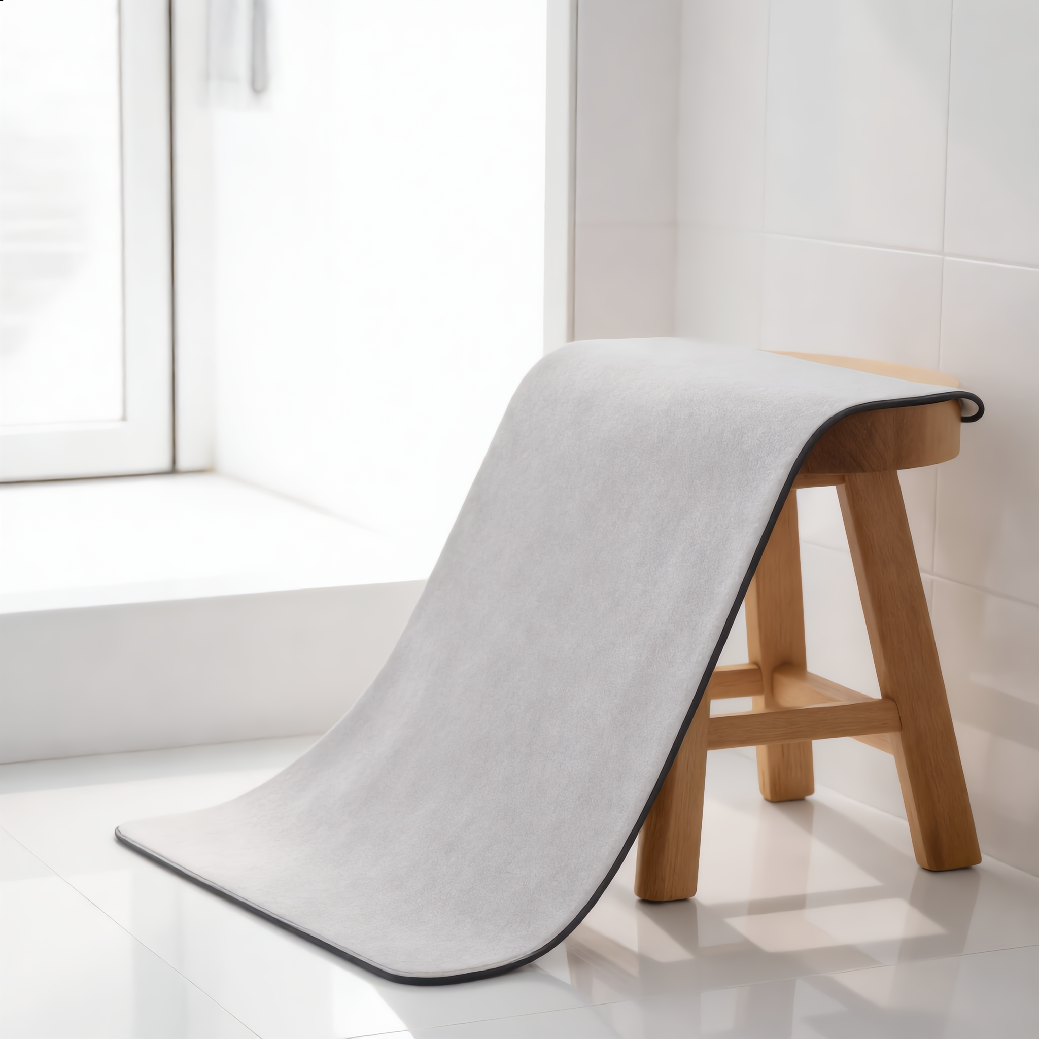 Light gray Velluto bath mat draped over a wood stool showing its slim flexible profile