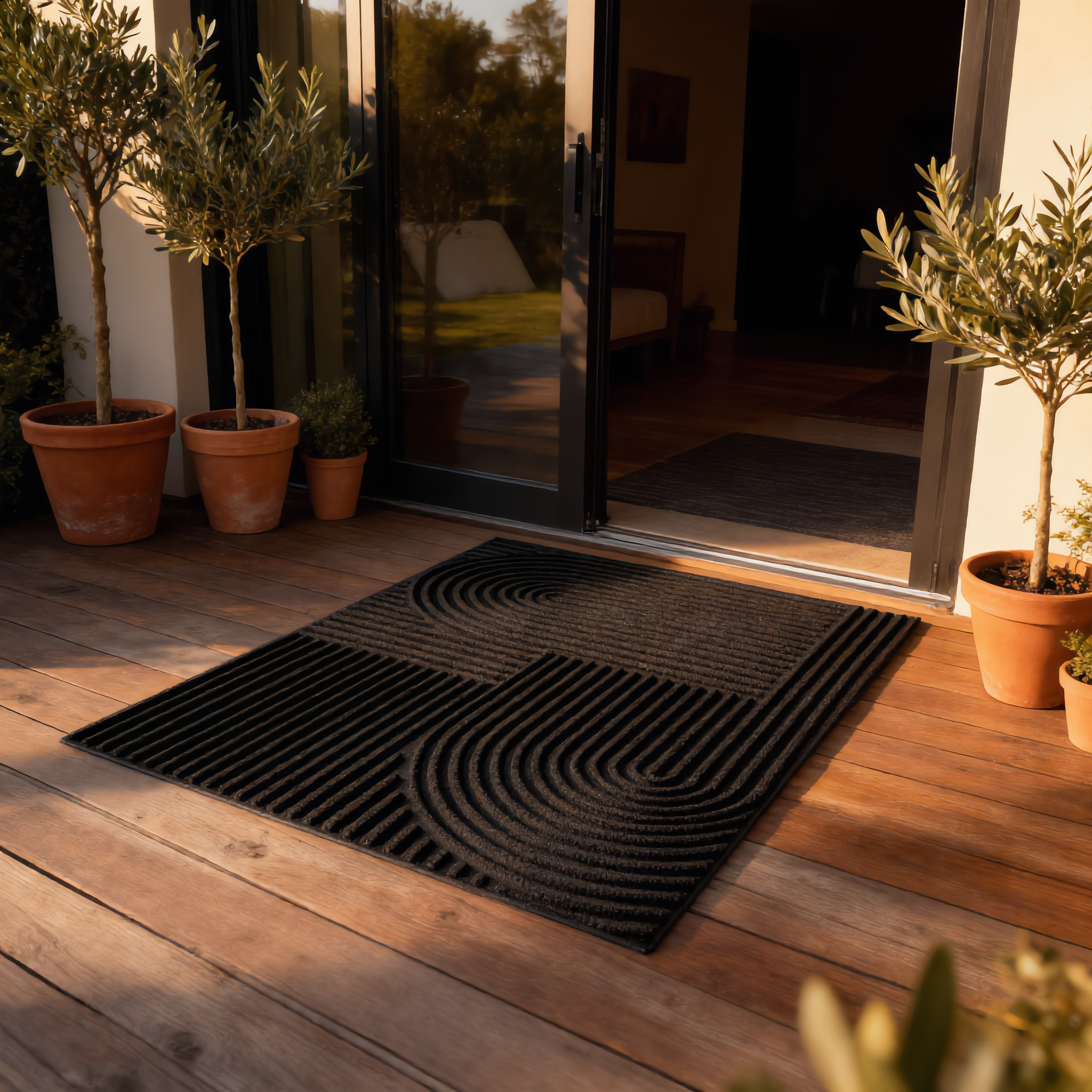 Black Arcs doormat on a timber deck at golden hour