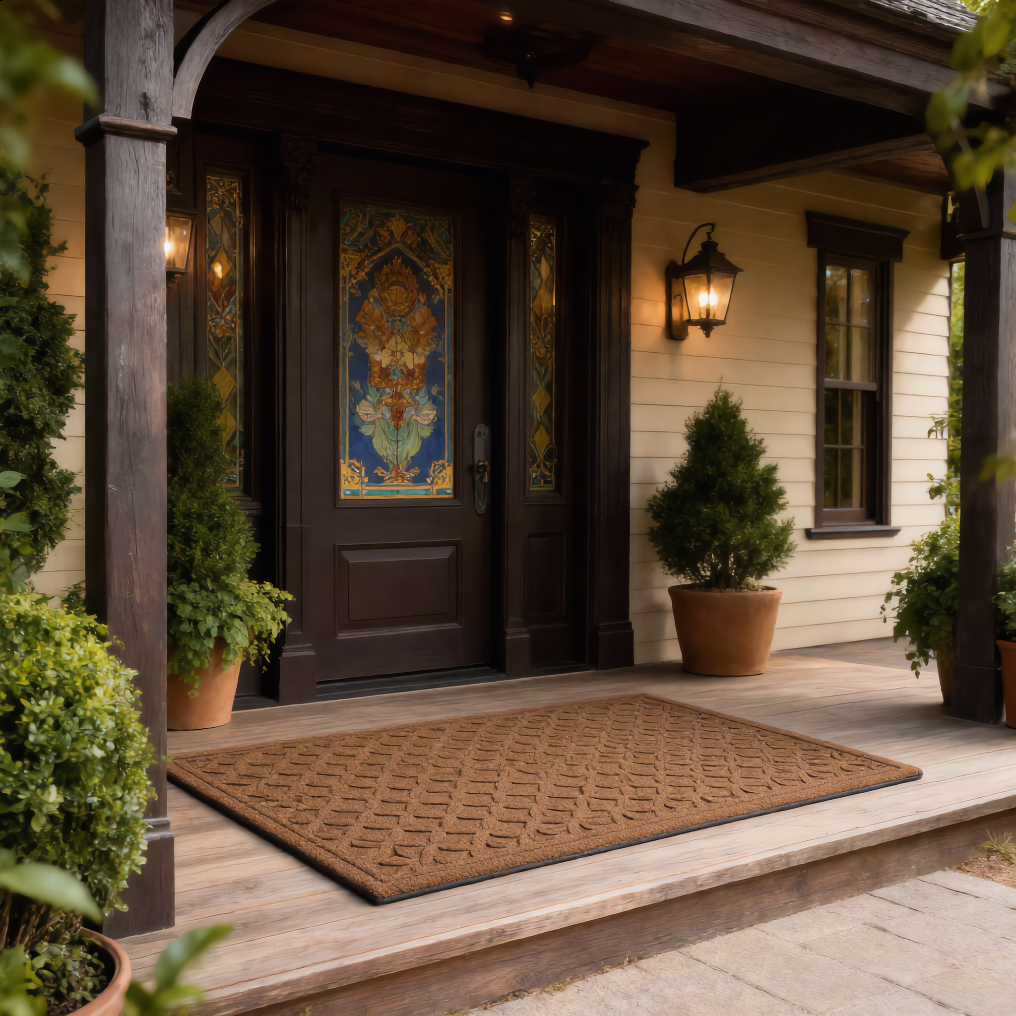Brown Geometry doormat on a covered front porch