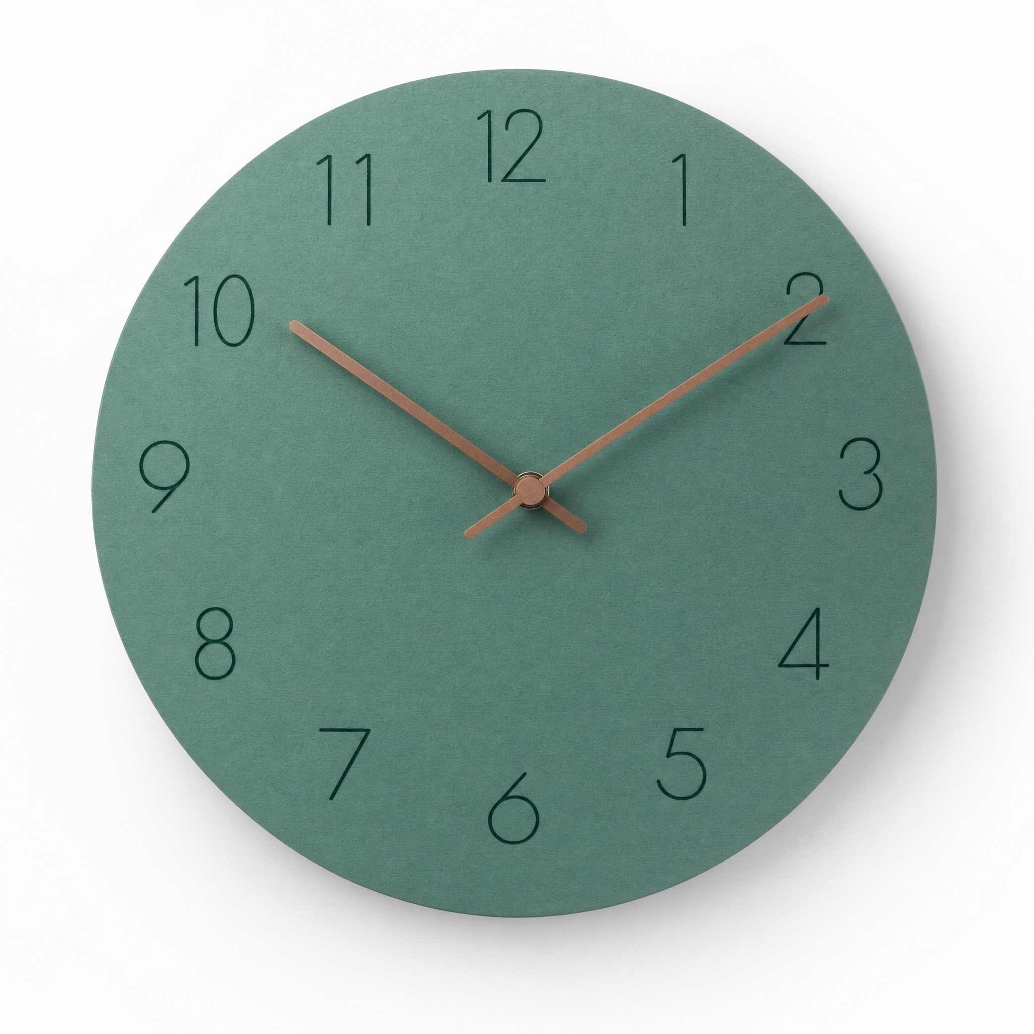 Green Silenzio Scandinavian minimalist wall clock on white background