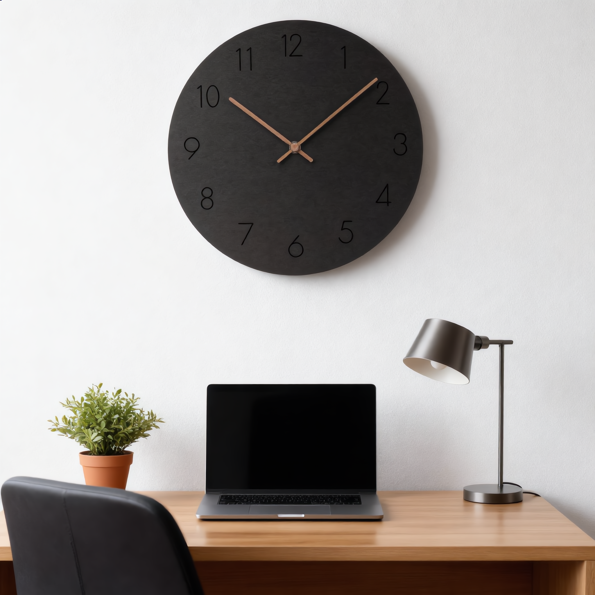 Black Silenzio wall clock above a modern home-office desk