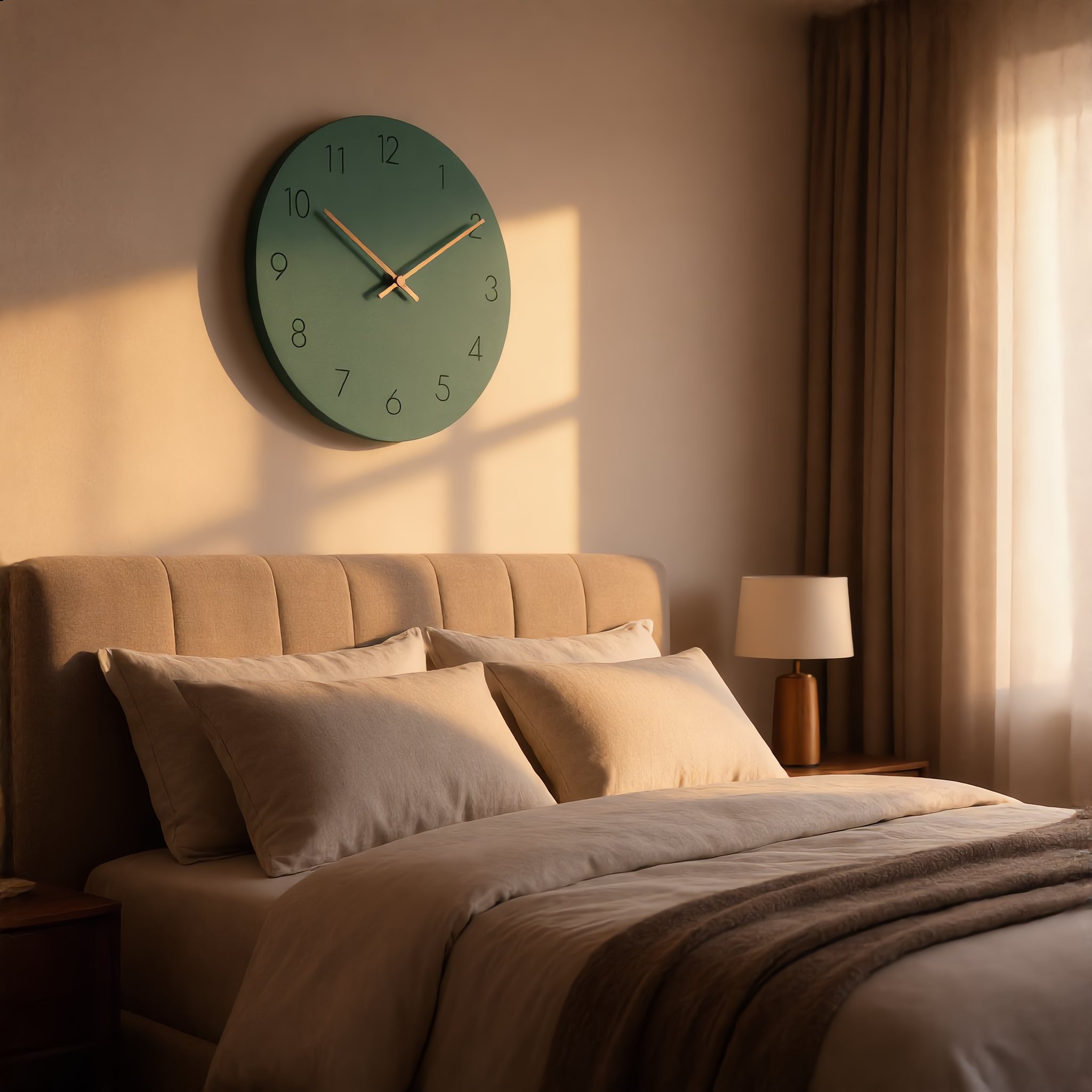 Green Silenzio wall clock above a bed in a cozy bedroom