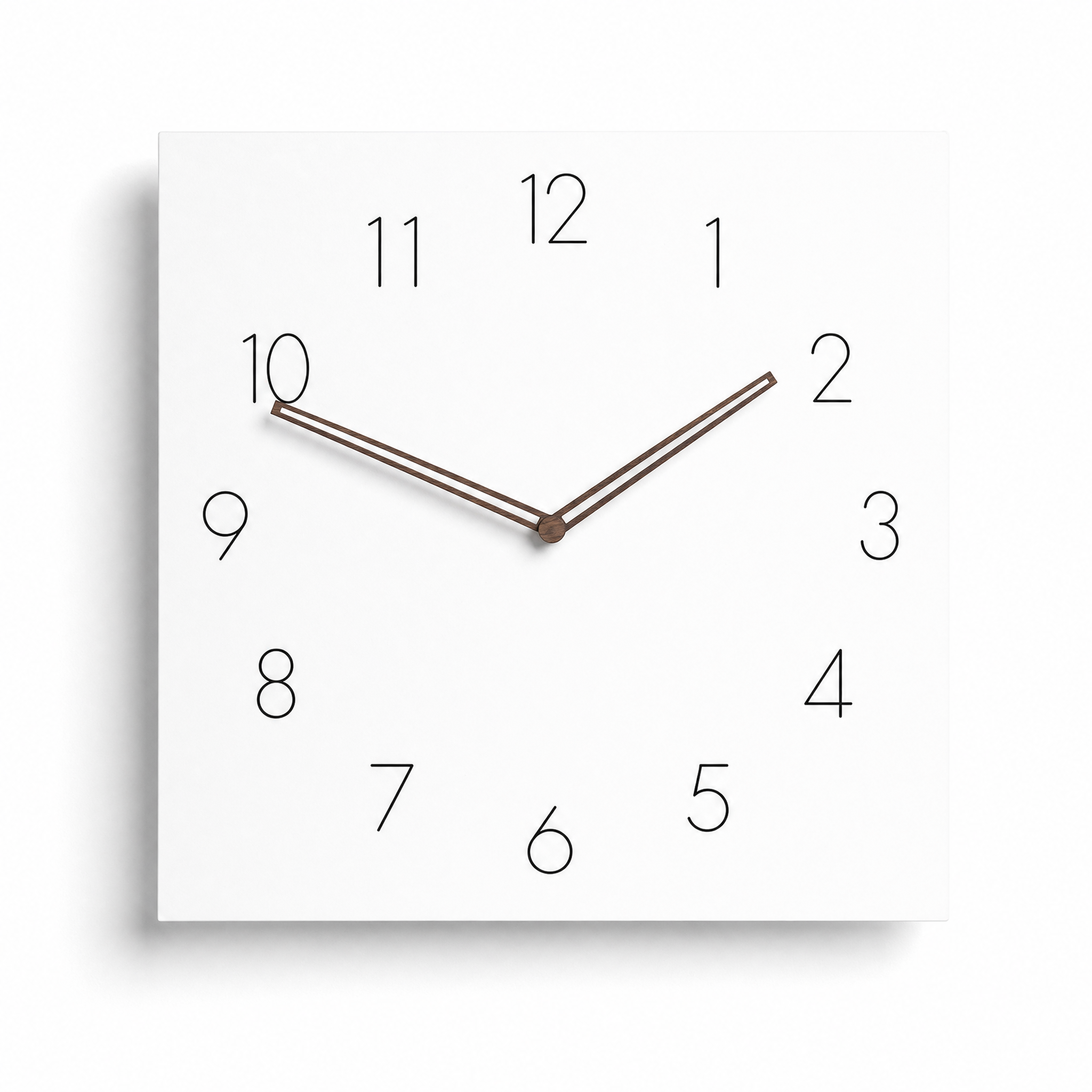 Quadra square minimalist wall clock, Arabic Numeral face, on white