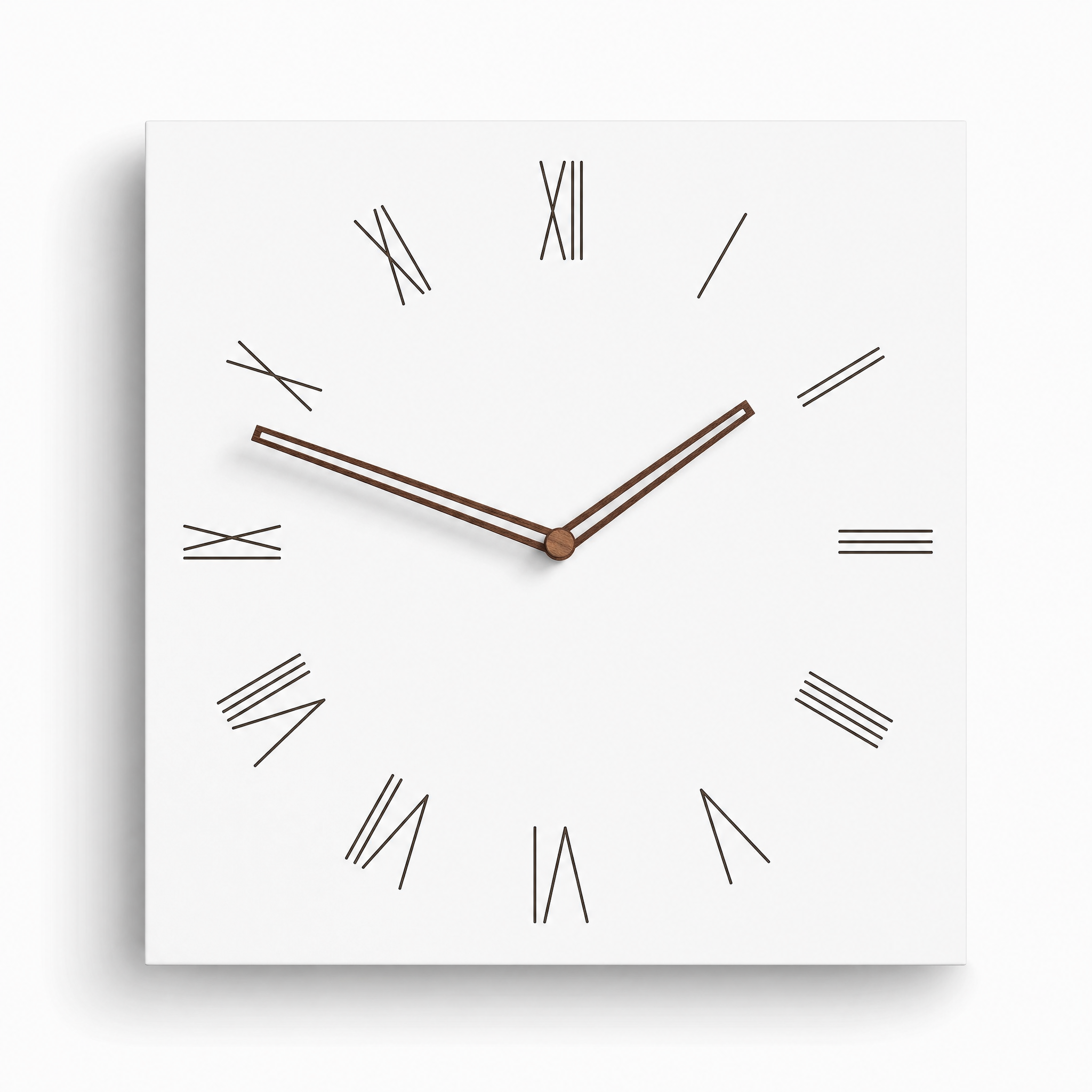 Quadra square minimalist wall clock, Roman Numeral face, on white