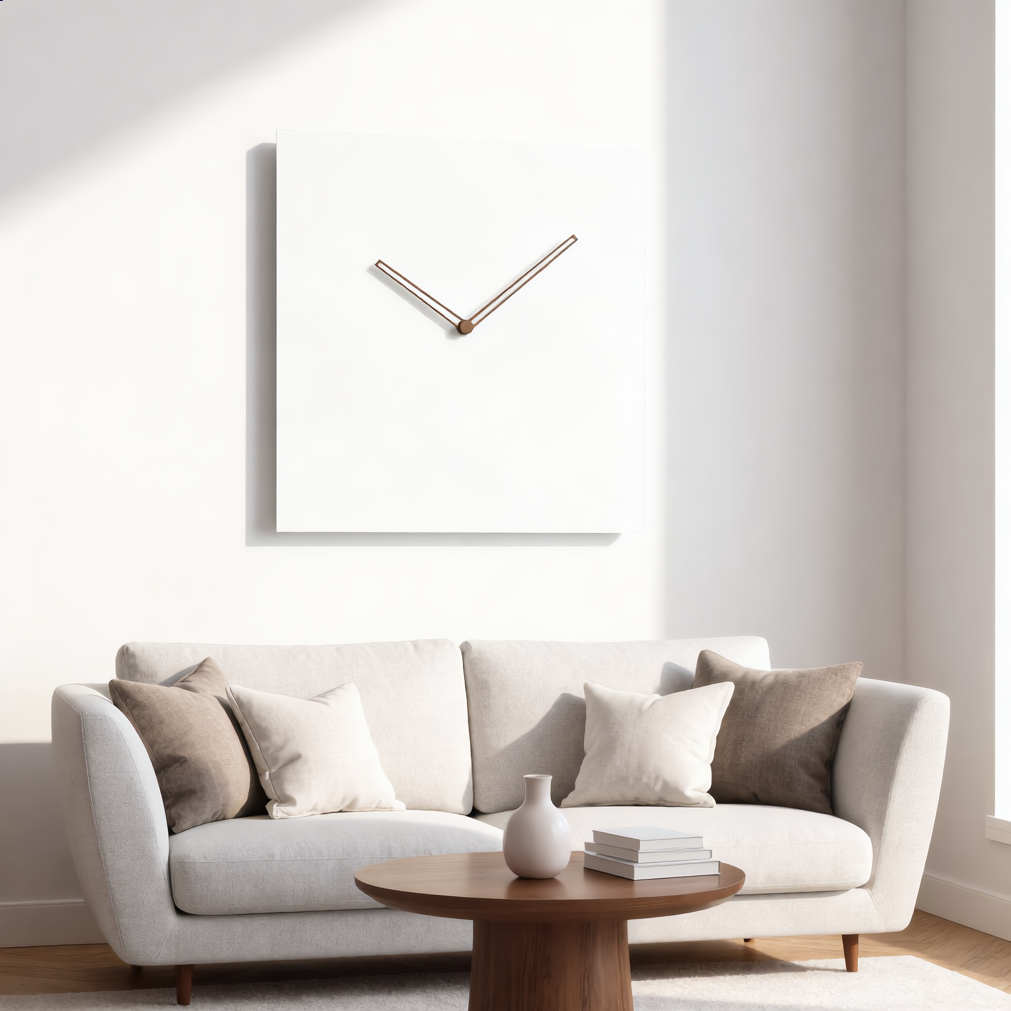 Quadra Clean clock in a bright Scandinavian living room above a linen sofa