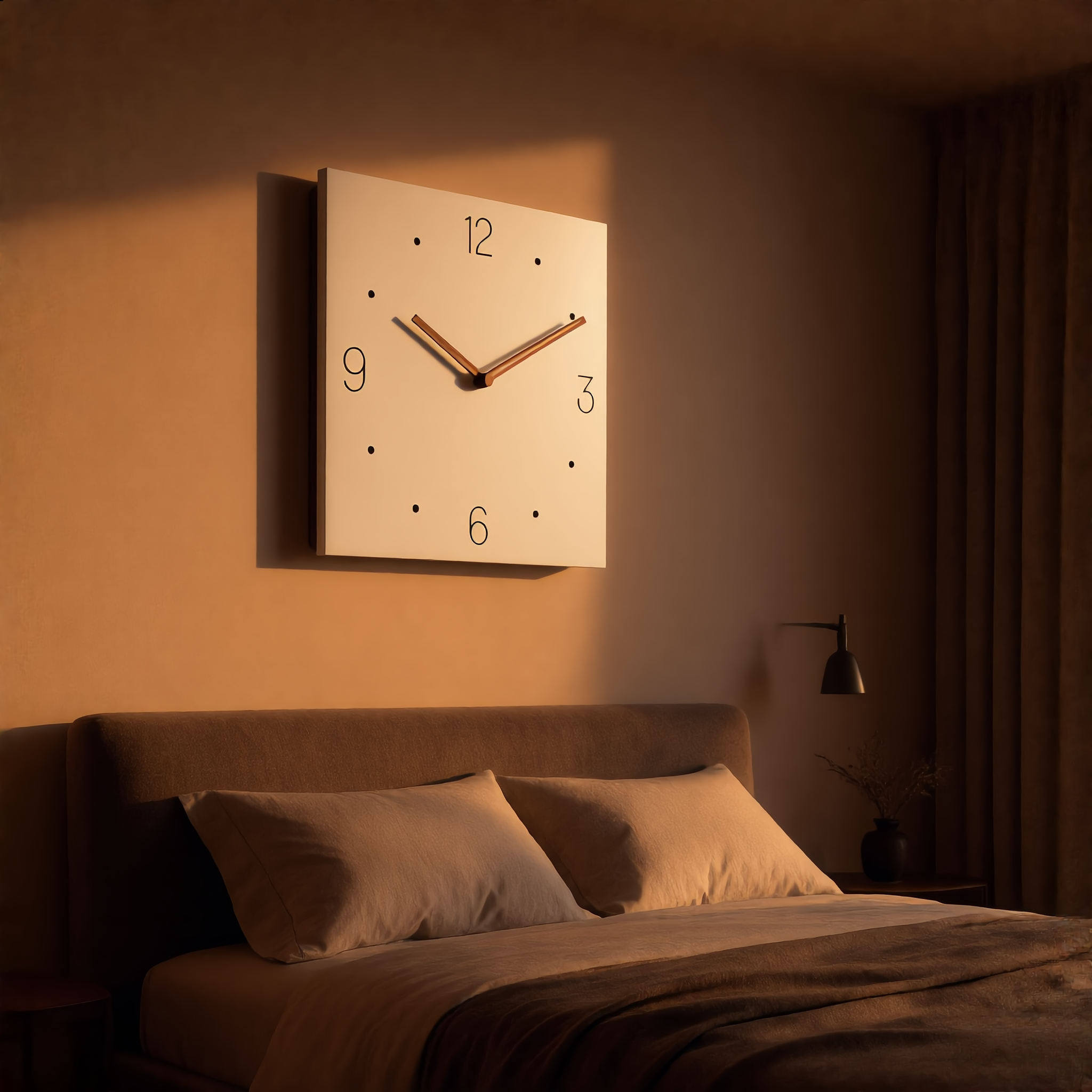 Quadra Dots with Numeral clock above a bed in a cozy bedroom