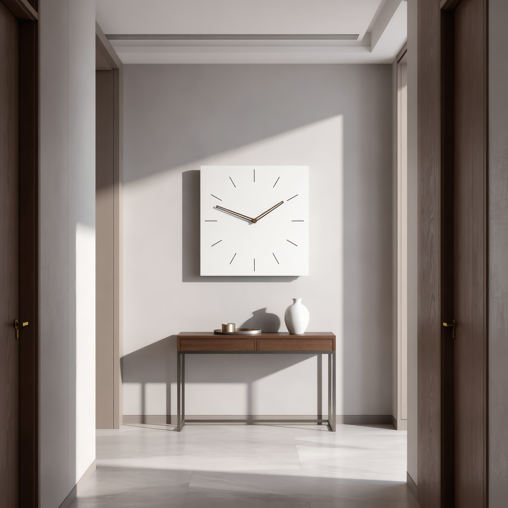 Quadra Minimal Lines clock in a minimalist entryway above a console
