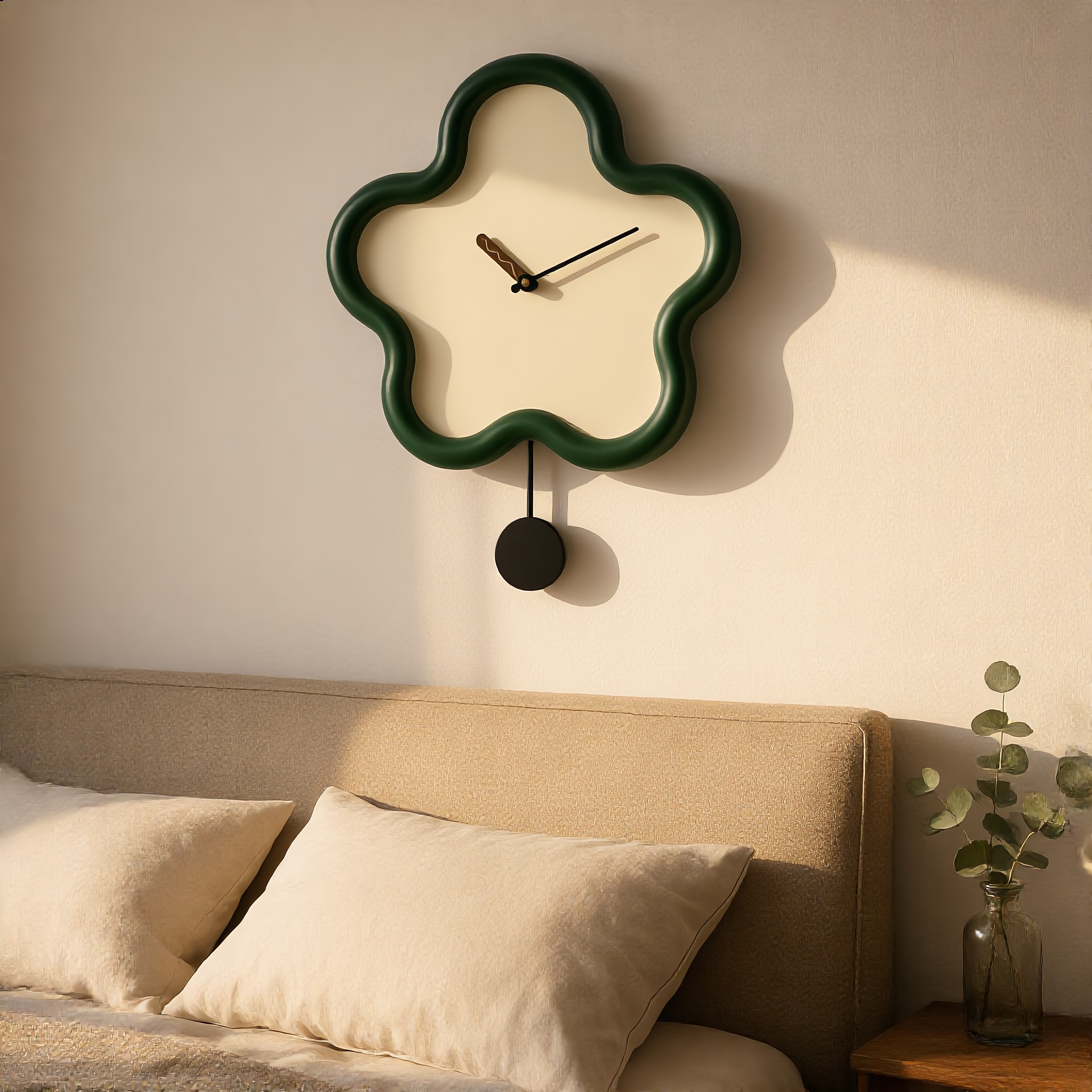 Green Fiorella clock above a linen bed in a serene bedroom