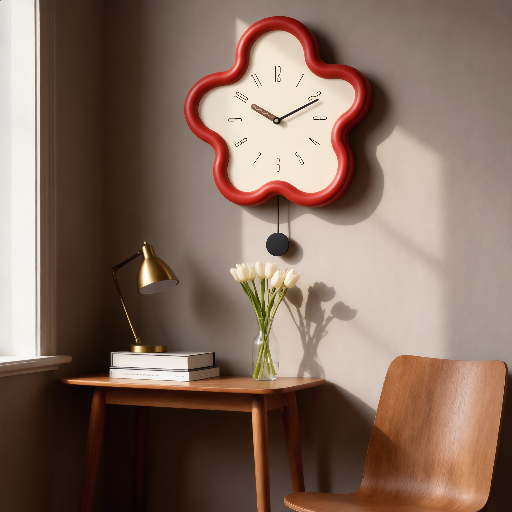 Red Fiorella clock in a bright entryway vignette