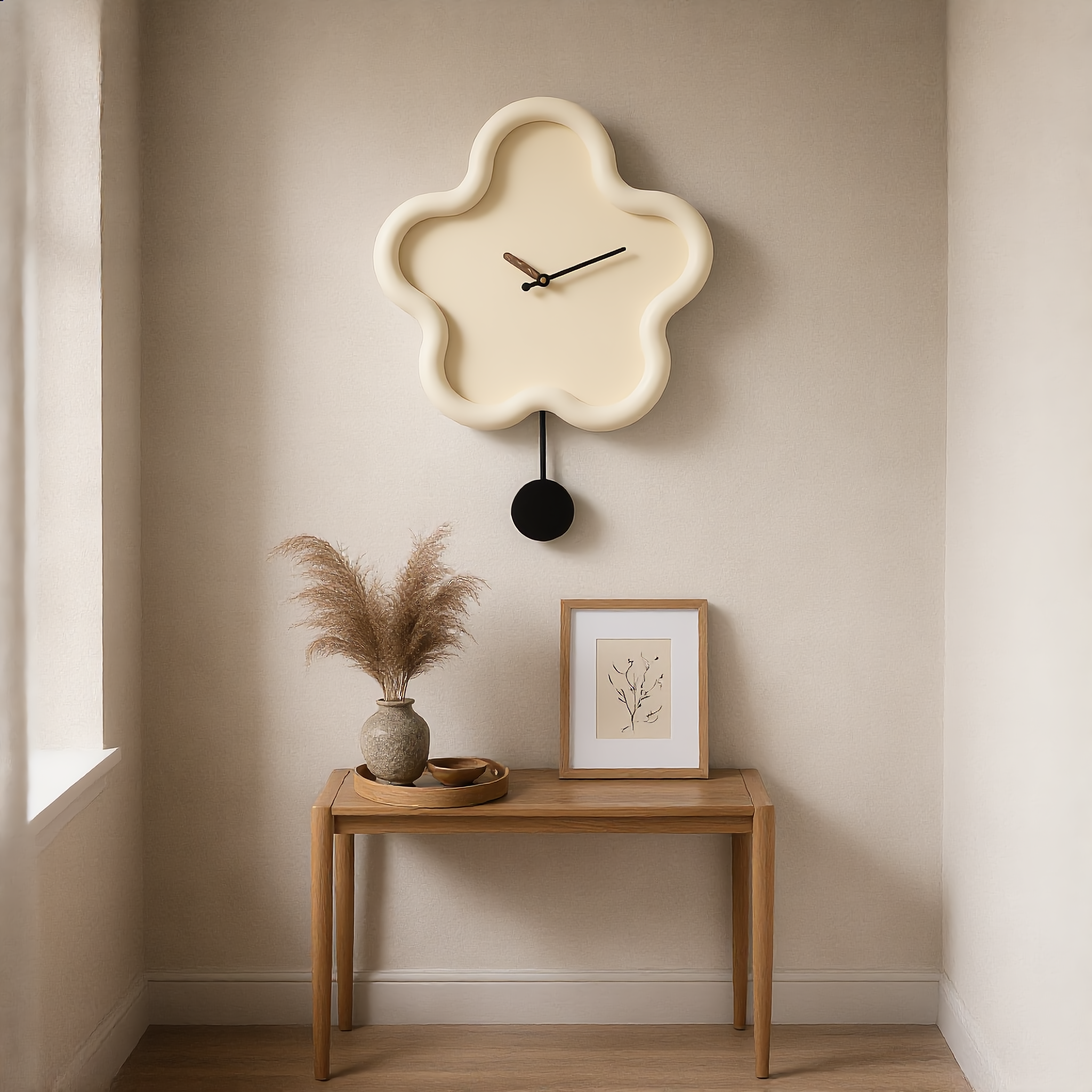 Ivory Fiorella clock in a calm Japandi hallway
