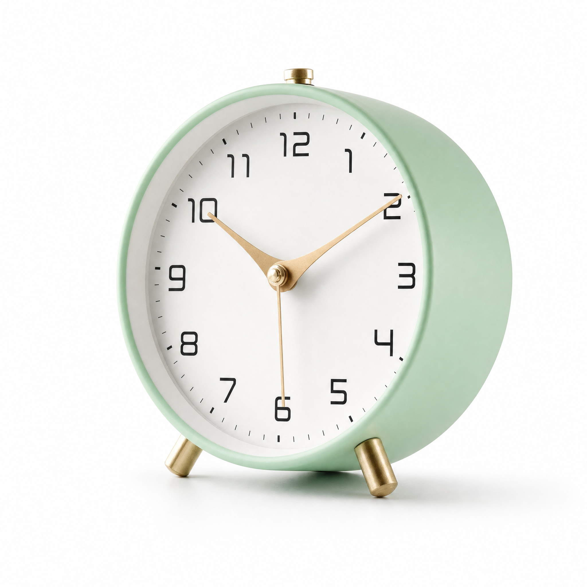 Serena Silent Table Clock in sage green, studio white background